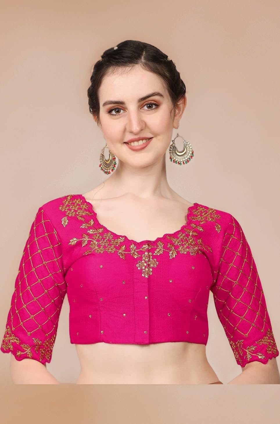 Pujia Mills women's embroidery handwork, rough cut work stone work readymade blouse