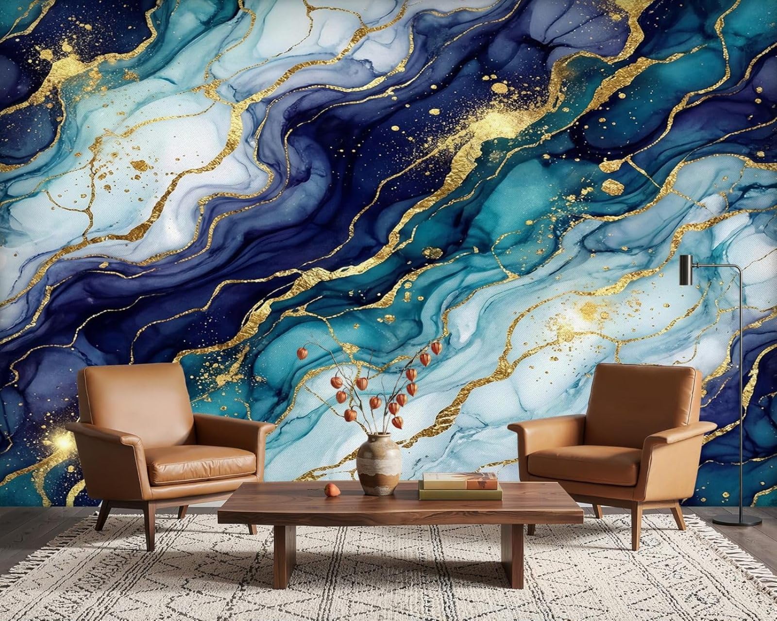 Marble-effect photo wallpaper, dark blue and gold, abstract, modern, non-woven, modern wall decor for living room, bedroom, children's room, motif wallpaper, 430cm x 300cm, stickers - frameless painti