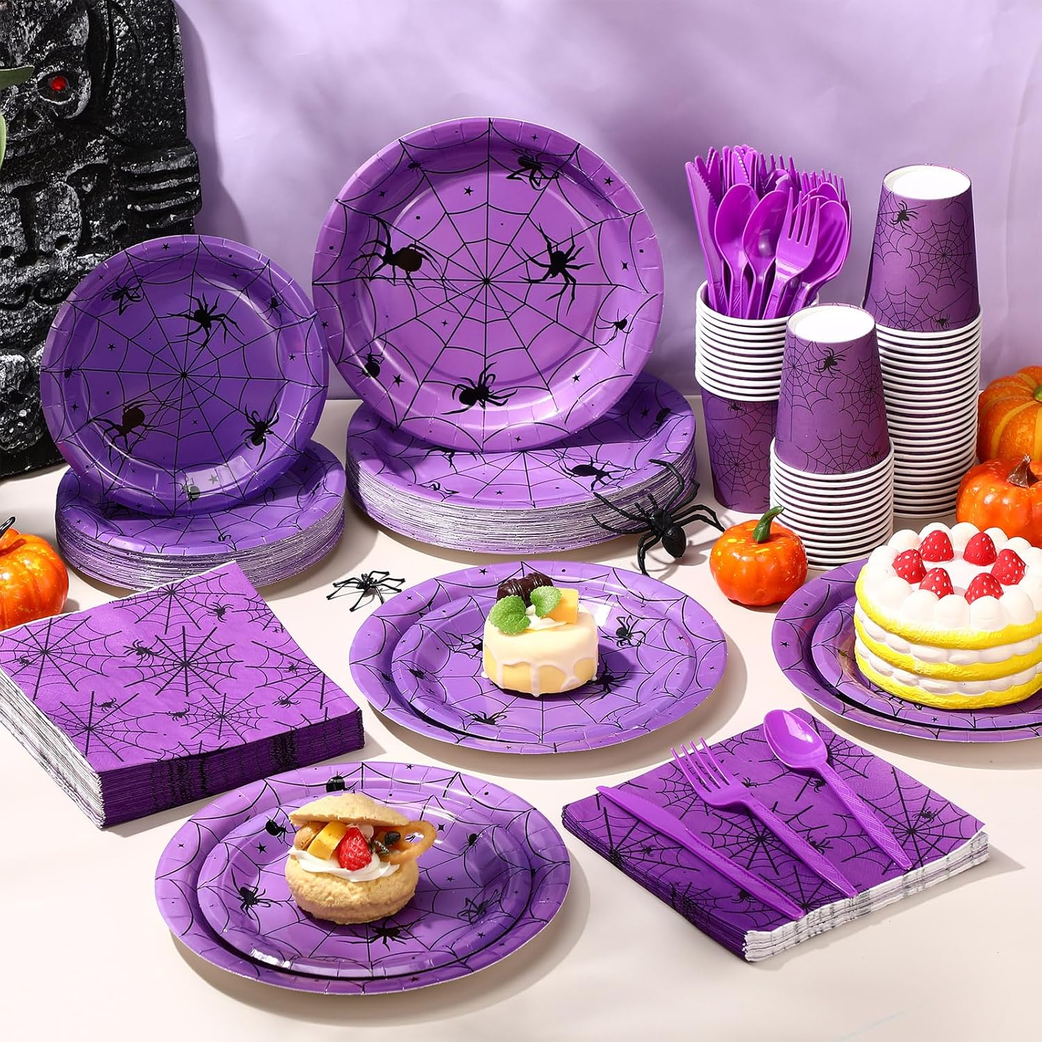 400 Pcs Halloween Spiderweb Party Supplies Disposable Paper Plates Halloween Spiderweb Napkins and Cups for Baby Shower Decorations Birthday Party Supplies(Purple)