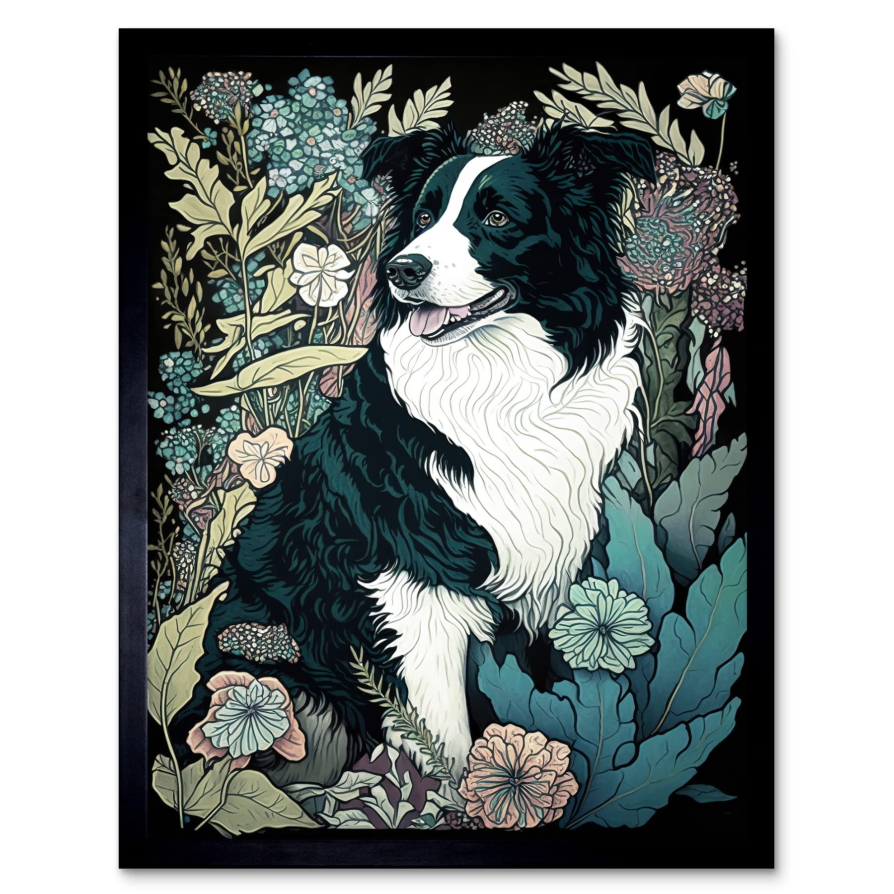 Artery8 Border Collie Dog In Wildflower Field Modern 12X16" Framed Wall Art Print from B&Q