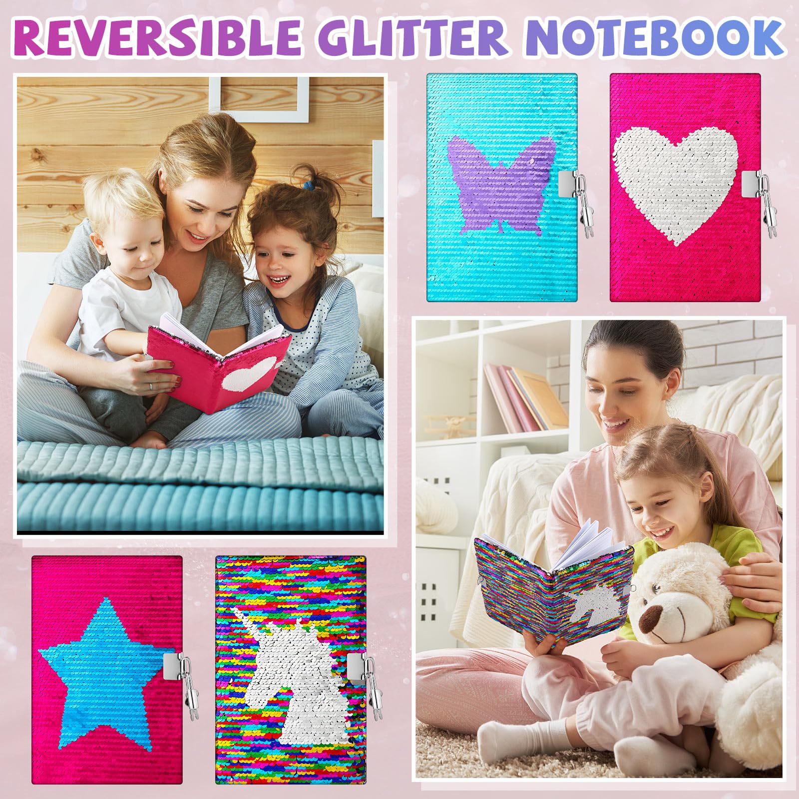 Tenceur 4 quaderni con paillettes con serratura e chiave, diario reversibile con paillettes per ragazze, diario di viaggio a righe, diario segreto, per adolescenti, regalo di compleanno, Halloween,