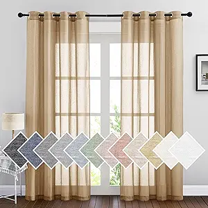 NICETOWN Sheer Curtains Flax Texture 84 inch Length, Grommet Semi Sheer Window Treatments Privacy with Light Filtering Drapes for Bedroom/Living Room, Camel, W52 x L84, 2 Panels