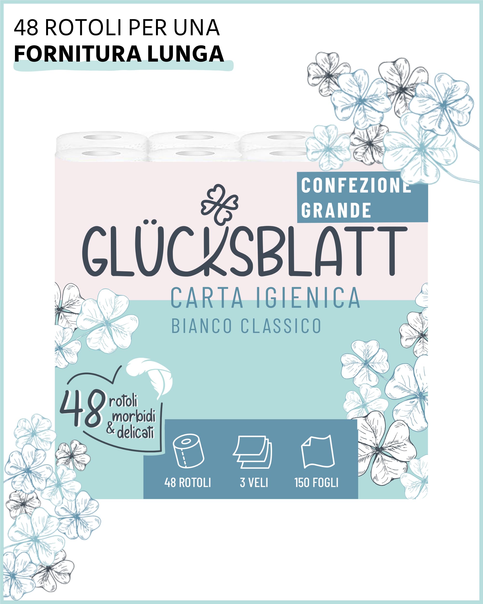 Glücksblatt carta igienica super morbida con goffratura fortunata, 3 strati, 48 rotoli x 150 fogli, 100% cellulosa, ideale per campeggio