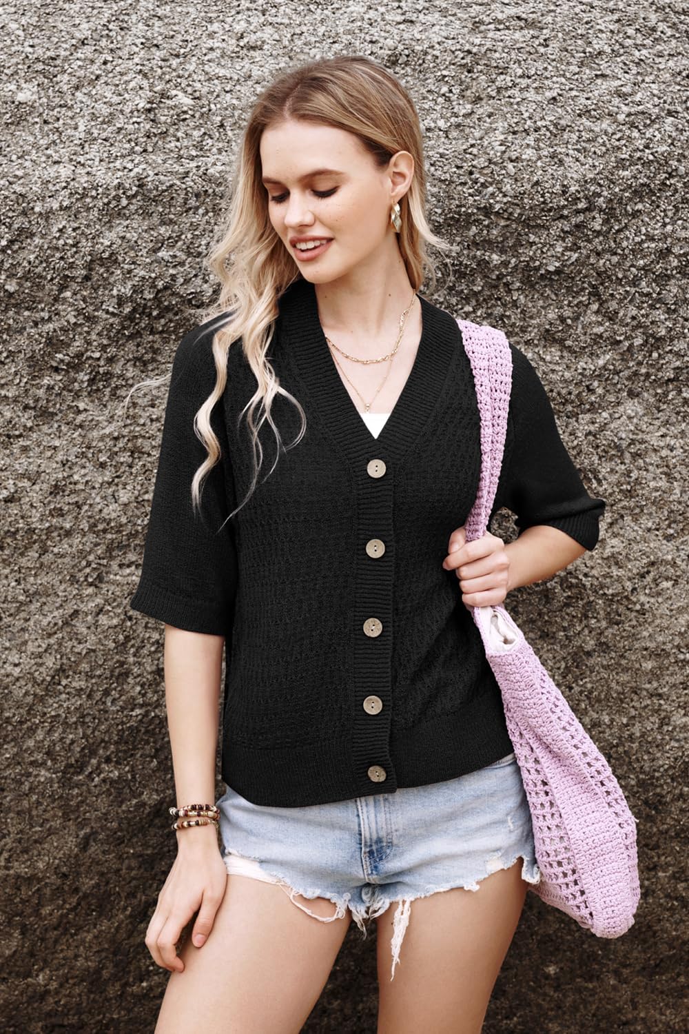 Arach&Cloz Womens Lightweight Cardigan Short Sleeve Shrugs Button Crochet Knit Fashion Sweaters Tops Cozy Clouds - Image 6