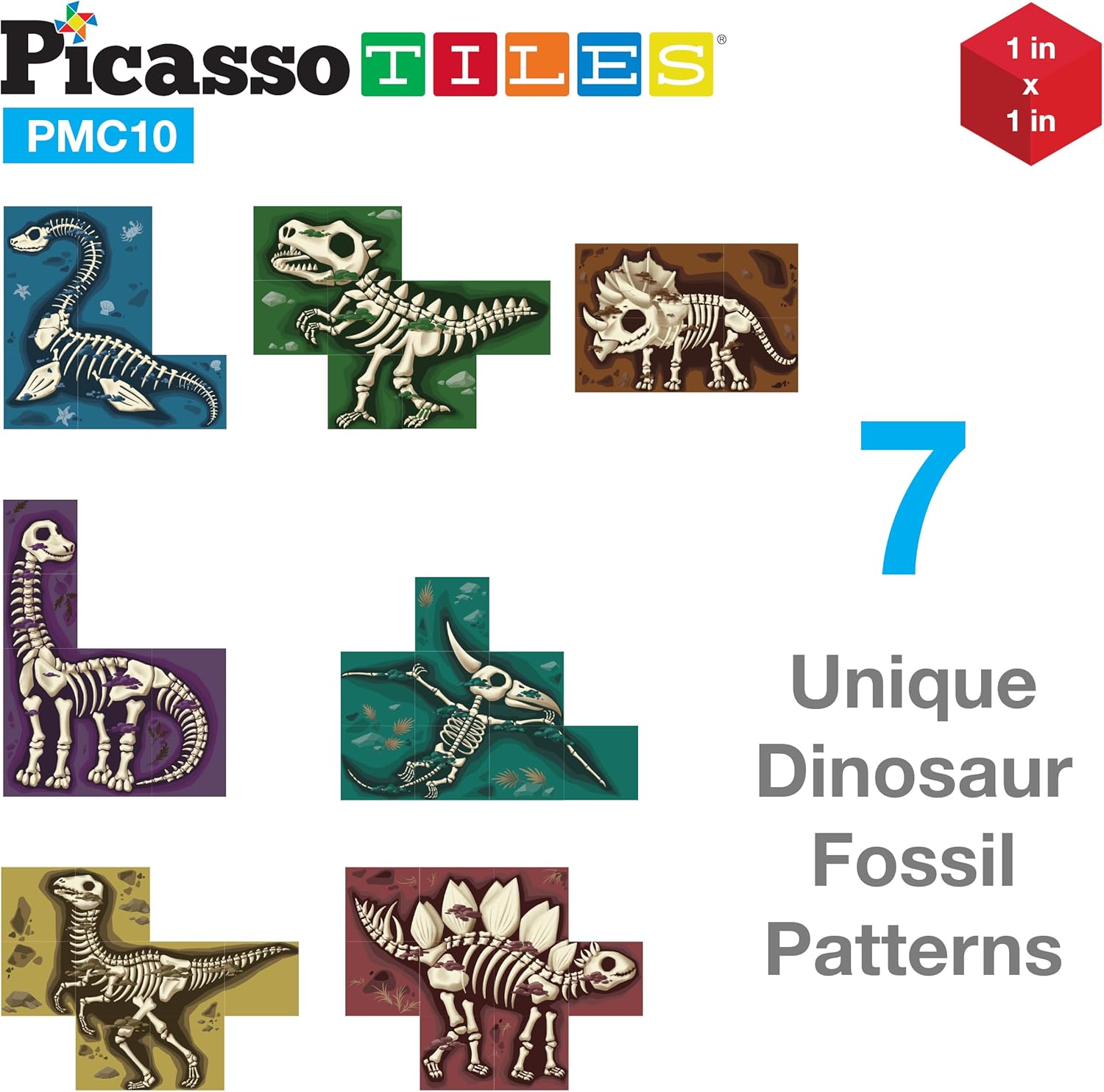 PicassoTiles Magnetic Cube Puzzle 7-in-1 Dinosaur Theme Pattern Magnet Mix Match Building Cubes Toy Set Kids Ages 3 & Up Preschool Children Promote Problem Solving Skills PMC10