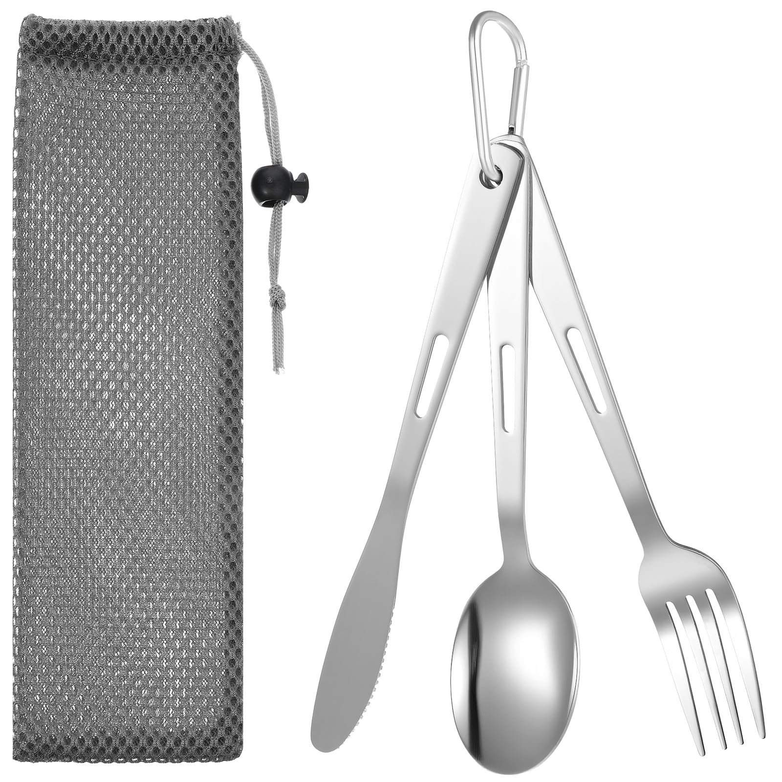 3PCS Camping Utensil Set with Carrying Bag Stainless Steel Camp Flatware Ultralight Fork Knife Spoon Camping Cutlery Set