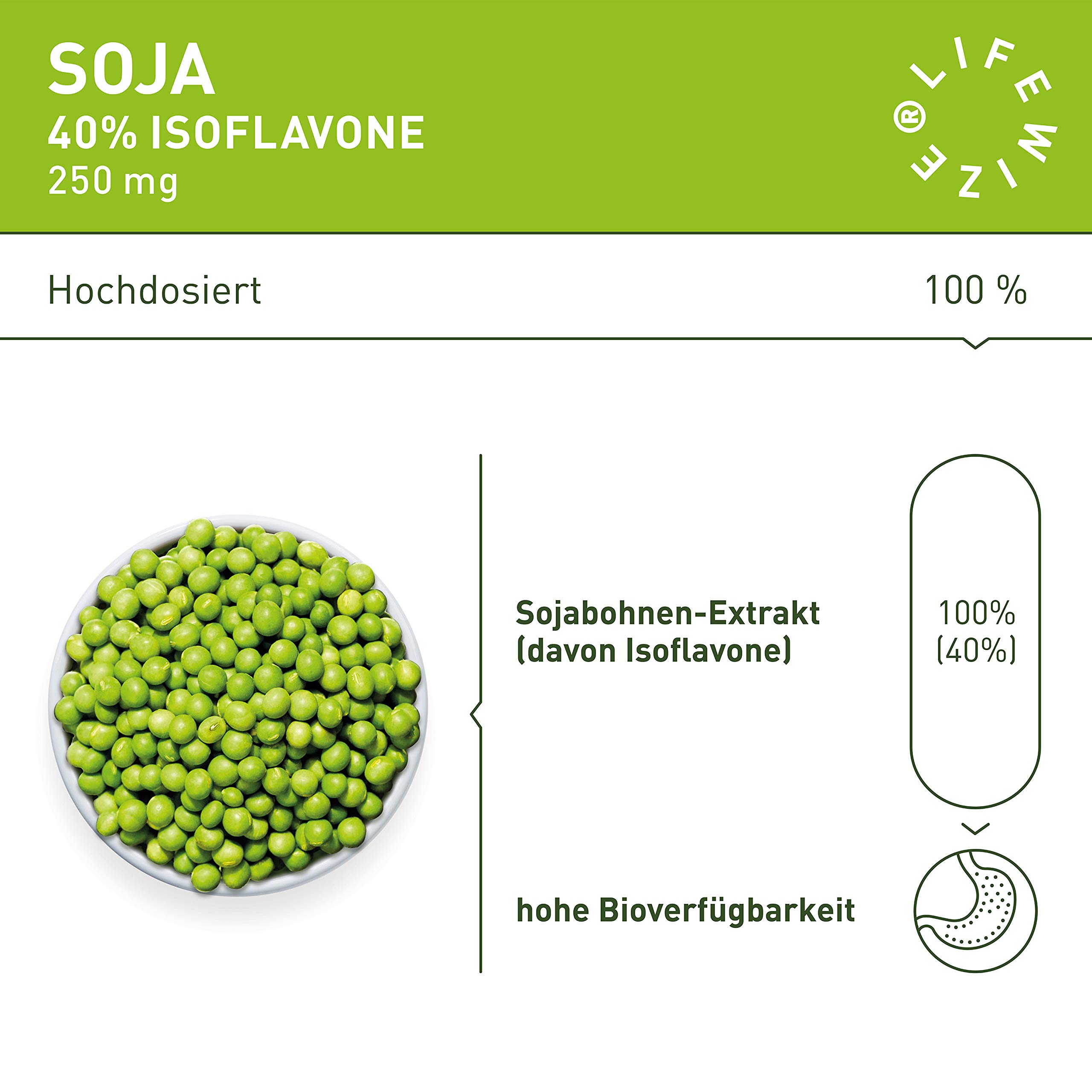 LifeWize® Soja Isoflavon Kapseln - 250mg - Echter Sojabohnen als 30:1 Extrakt mit 40% Isoflavone - 120 Kapseln - Vegan und ohne Zusatzstoffe