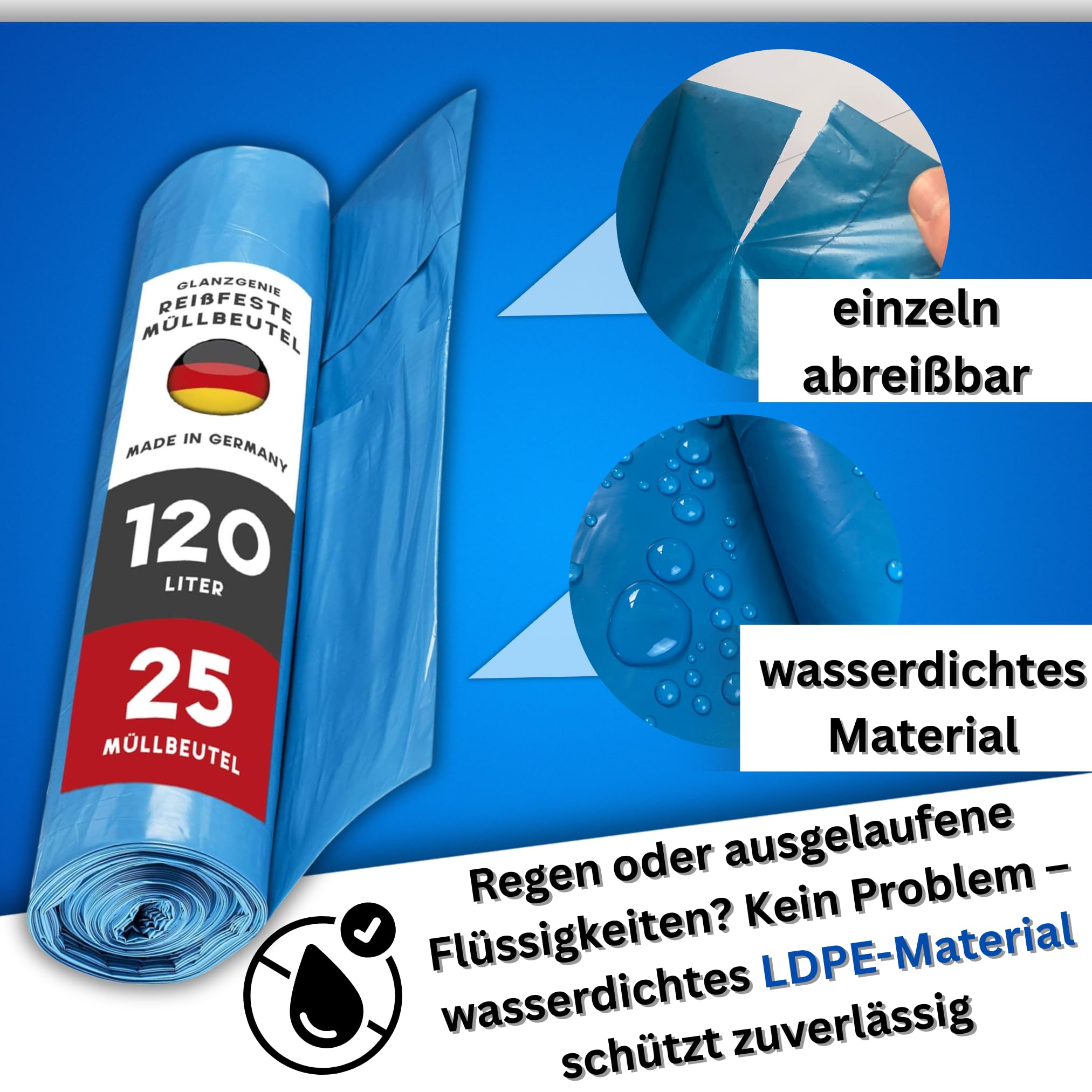 150 Stück reißfeste Müllsäcke 120 L, 79 μm | Typ 100 | extra stark & reißfest | 10 Rollen à 15 Stück| XXL Abfallbeutel - 700x1100mm | LPDE, blau | Müllentsorgung Haushalt, Garten, Gewerbe