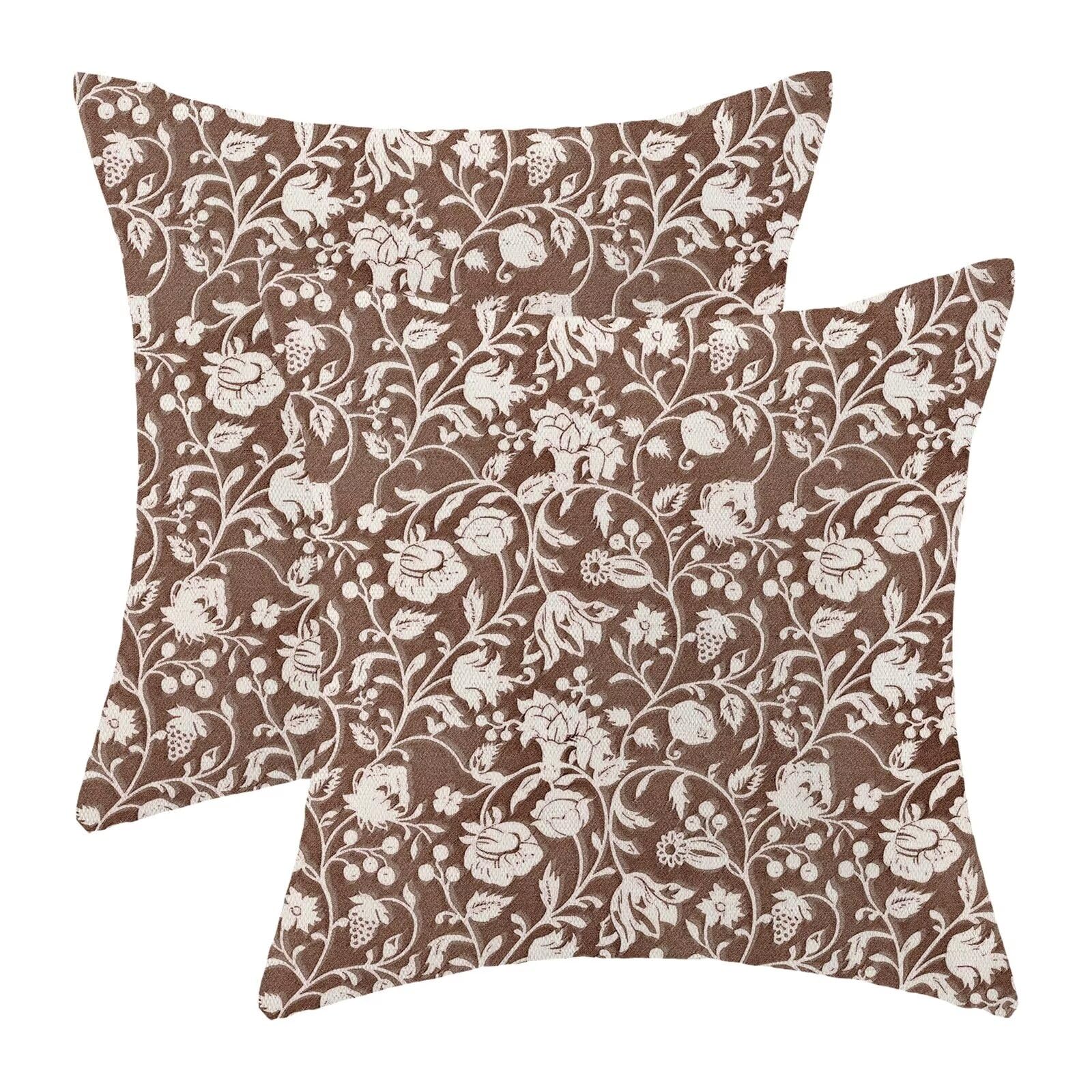 Jecuwo Brown Floral Throw Pillow Covers 18x18 Set of 2, Flower Print Linen Decorative Pillow Covers Neutral Vintage Decoration Outdoor Cushion Cover