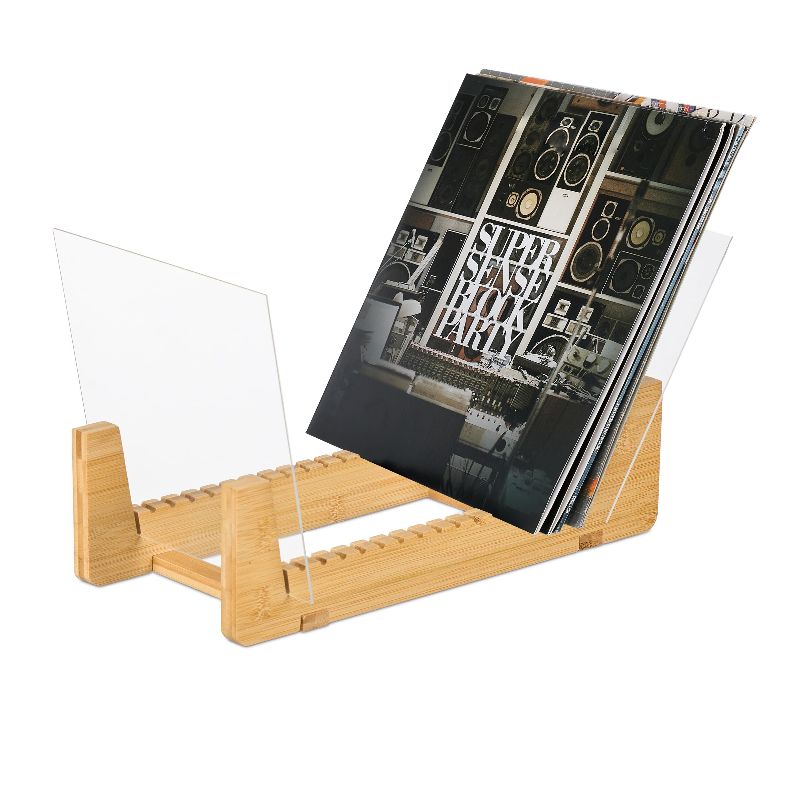 Relaxdays Rangement pour Vos disques vinyles, en Bambou et Acrylique, HxLxP : 21 x 37,​5 x 19 cm, Nature et Transparent