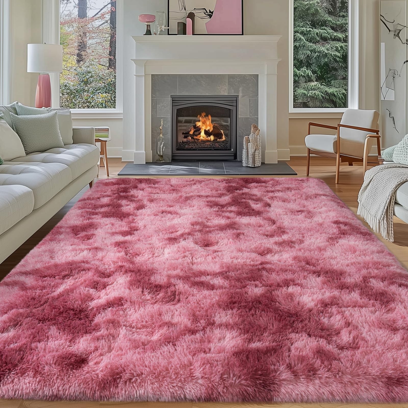 Dssimo Super Fluffy 6x9 Area Rugs for Living Room, Modern Large Tie-dye Rose Red Rug for Bedroom, Non-Slip Plush Shag Thick Rose Red Carpet for
