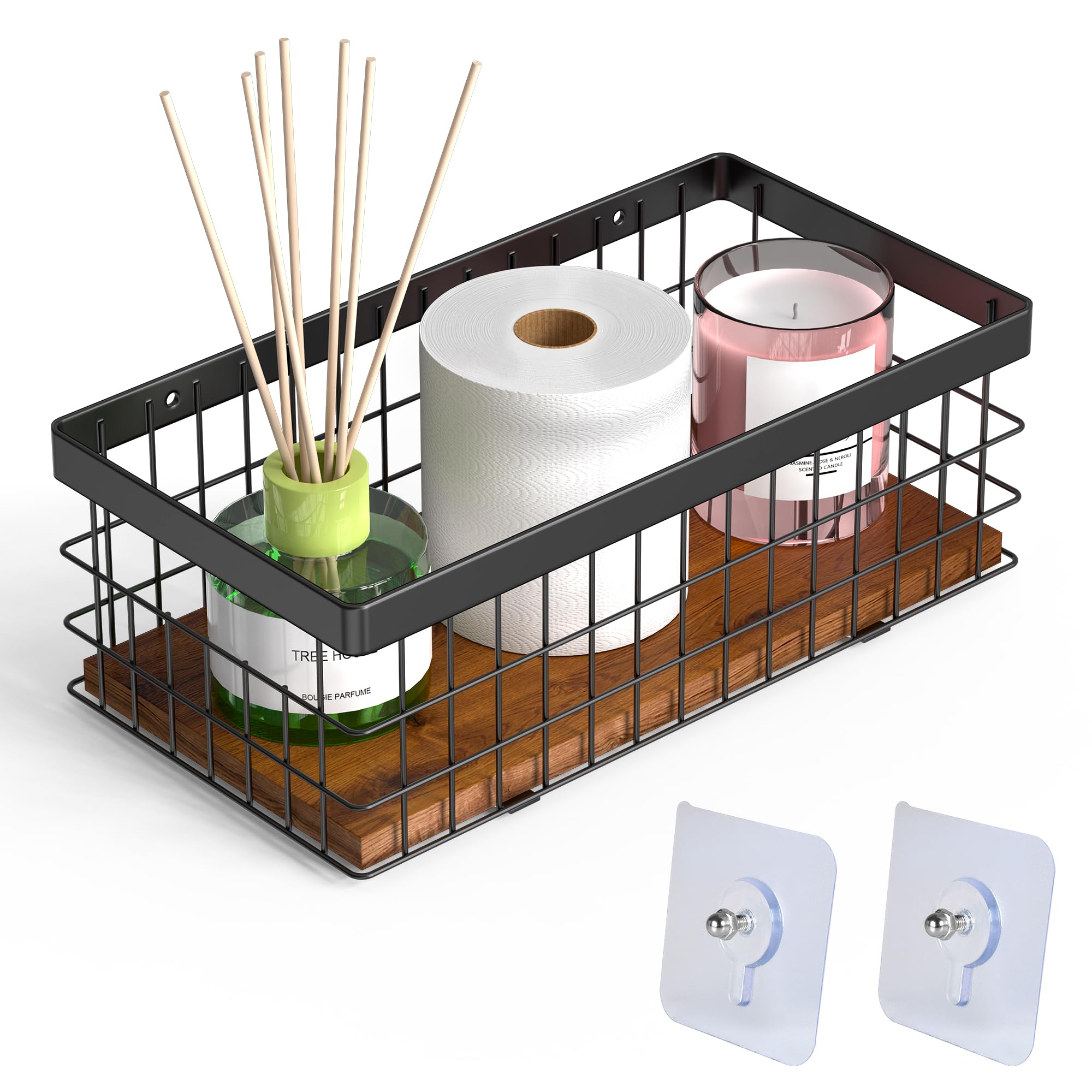 Wire Storage Basket for Bathroom, Kitchen, Metal Wire Baskets with Decorative Wood Base, Storage Basket for Toilet Paper, Cosmetic & Spices, Wall Mount Basket Organizer