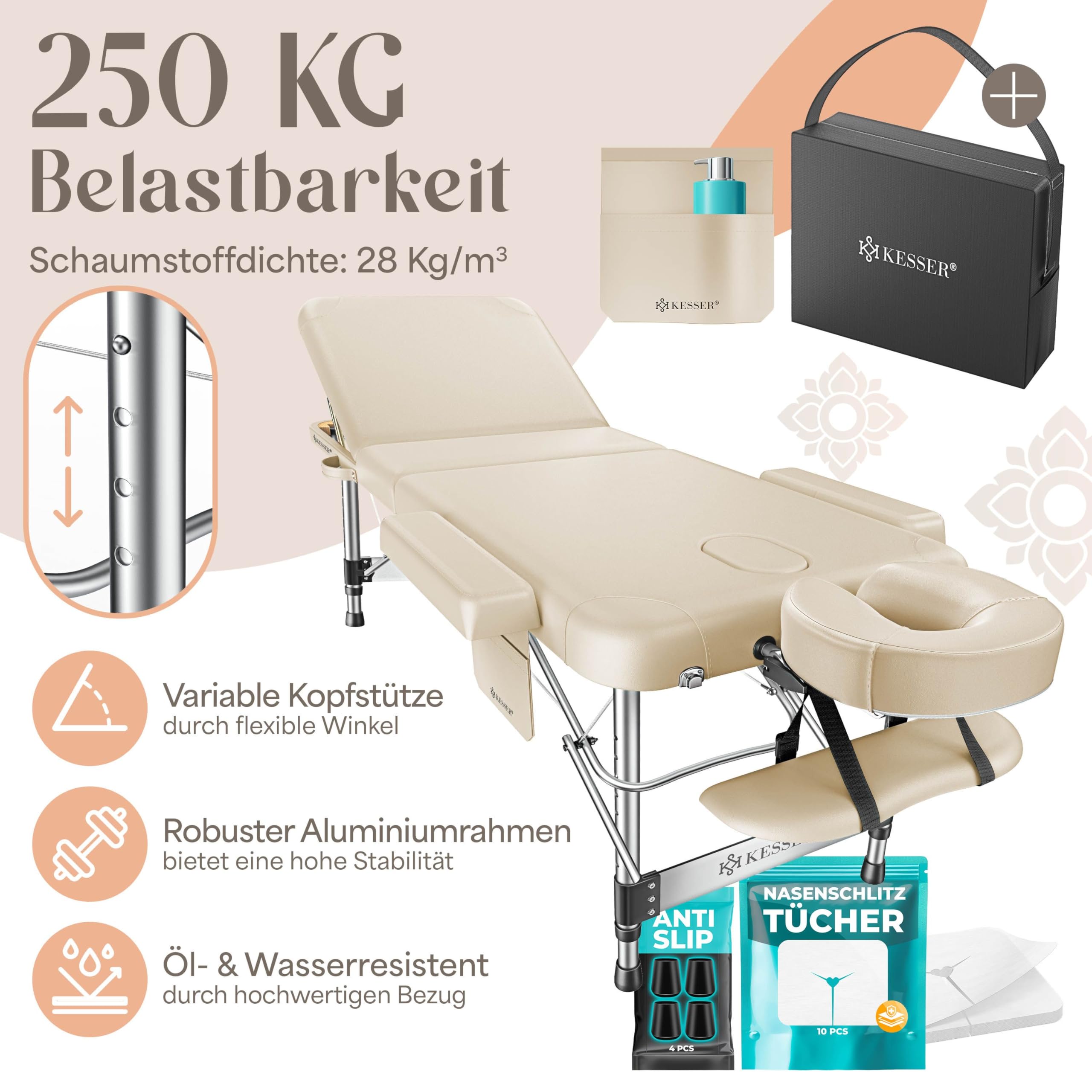 KESSER® Camilla de Masaje Móvil Plegable y Ajustable en Altura Cama 3 Zonas Estética Amplia de Terapia Aluminio + 10x Reposacabezas