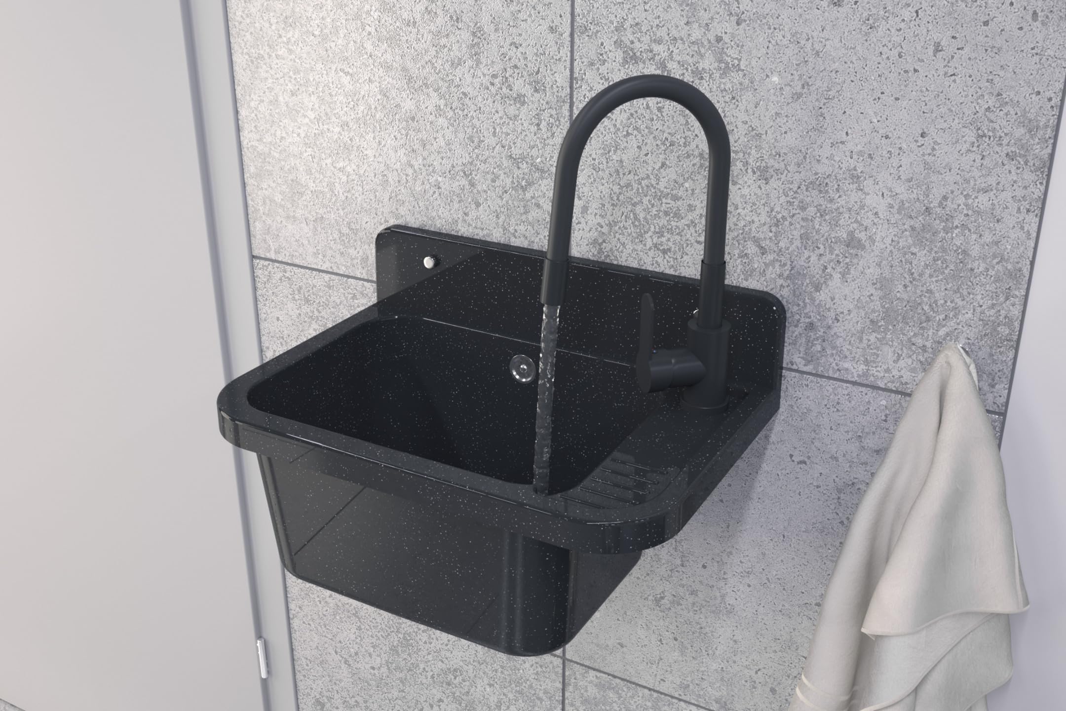 Lavabo Universel avec Siphon et Robinet de Lavabo Flex - 50x34x31 cm - Évier Exterieur pour Garage et Cave - Montage Mural - Noir - Granitan