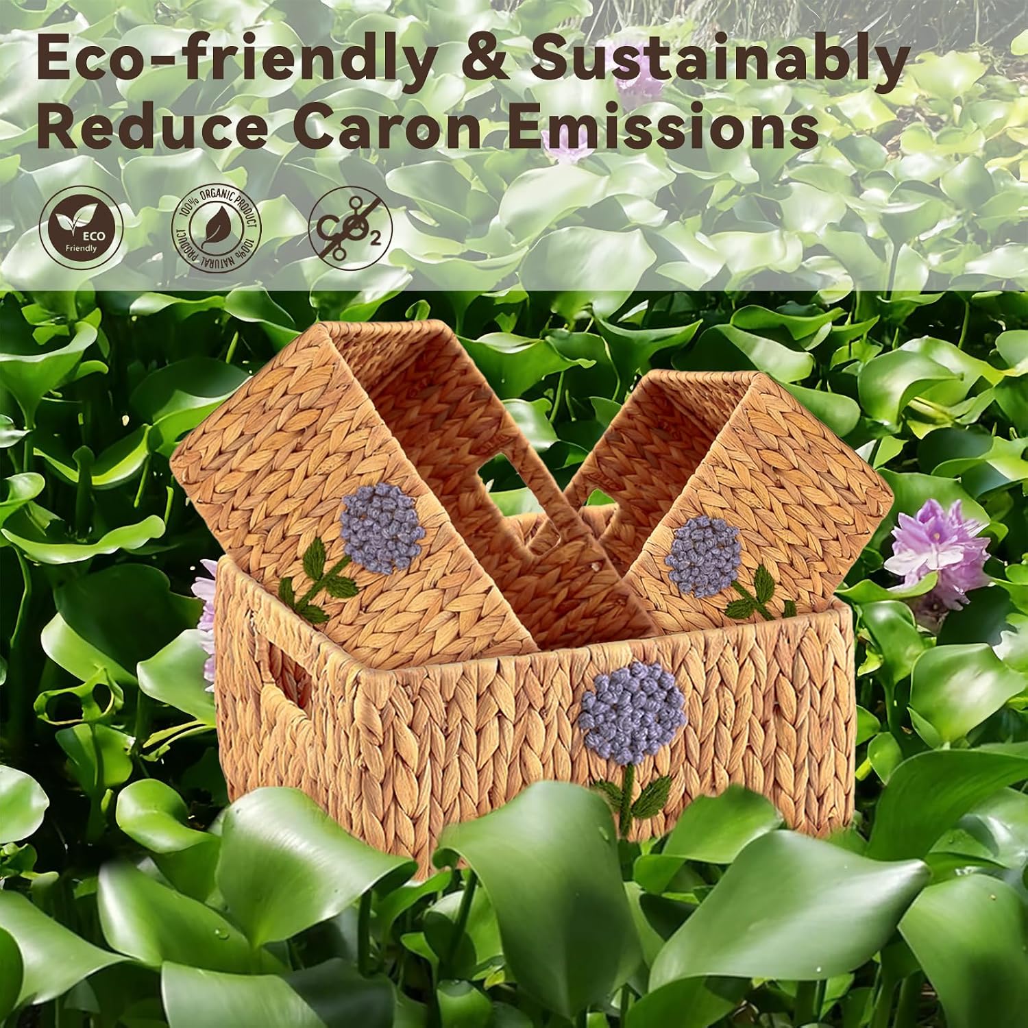 Wicker Storage Baskets Set of 5 - Natural Water Hyacinth Handwoven Organizer Bins with Built-in Handles, Durable Pantry & Shelf Organizers for Bathroom, Laundry & Home Decor