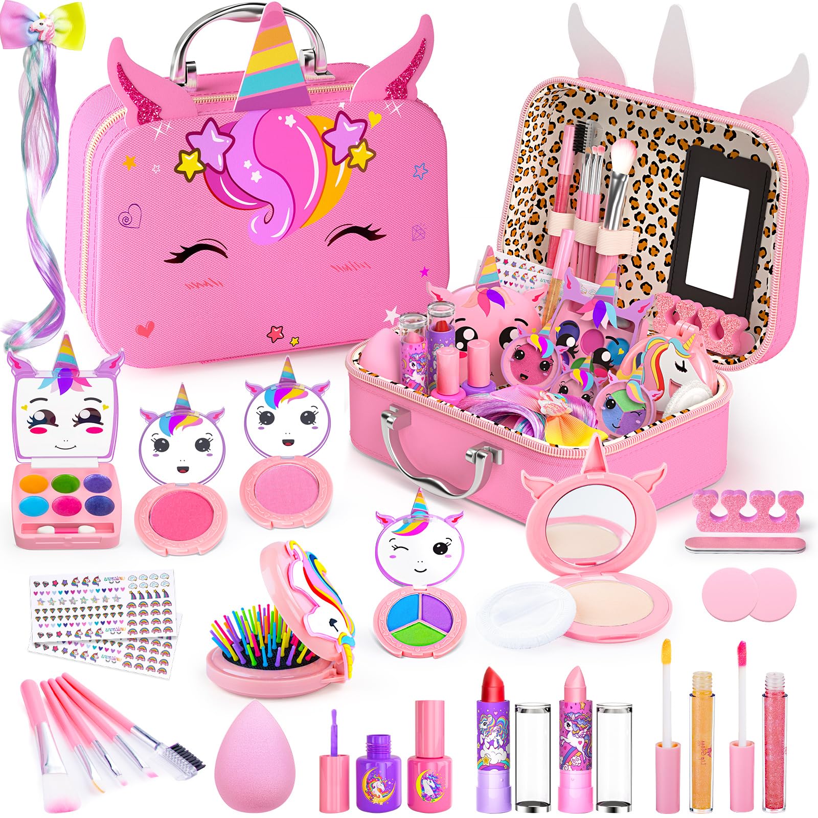 Little Girls Makeup Kit, Pretend Make Up for Kids, Princess Play Makeup Set, Toddler Toy Real Washable Cosmetic Set & Nail Kit Birthday Gift for Ages 3 4 5 6 7 8 9 10-12 Year Old, Bright Pink