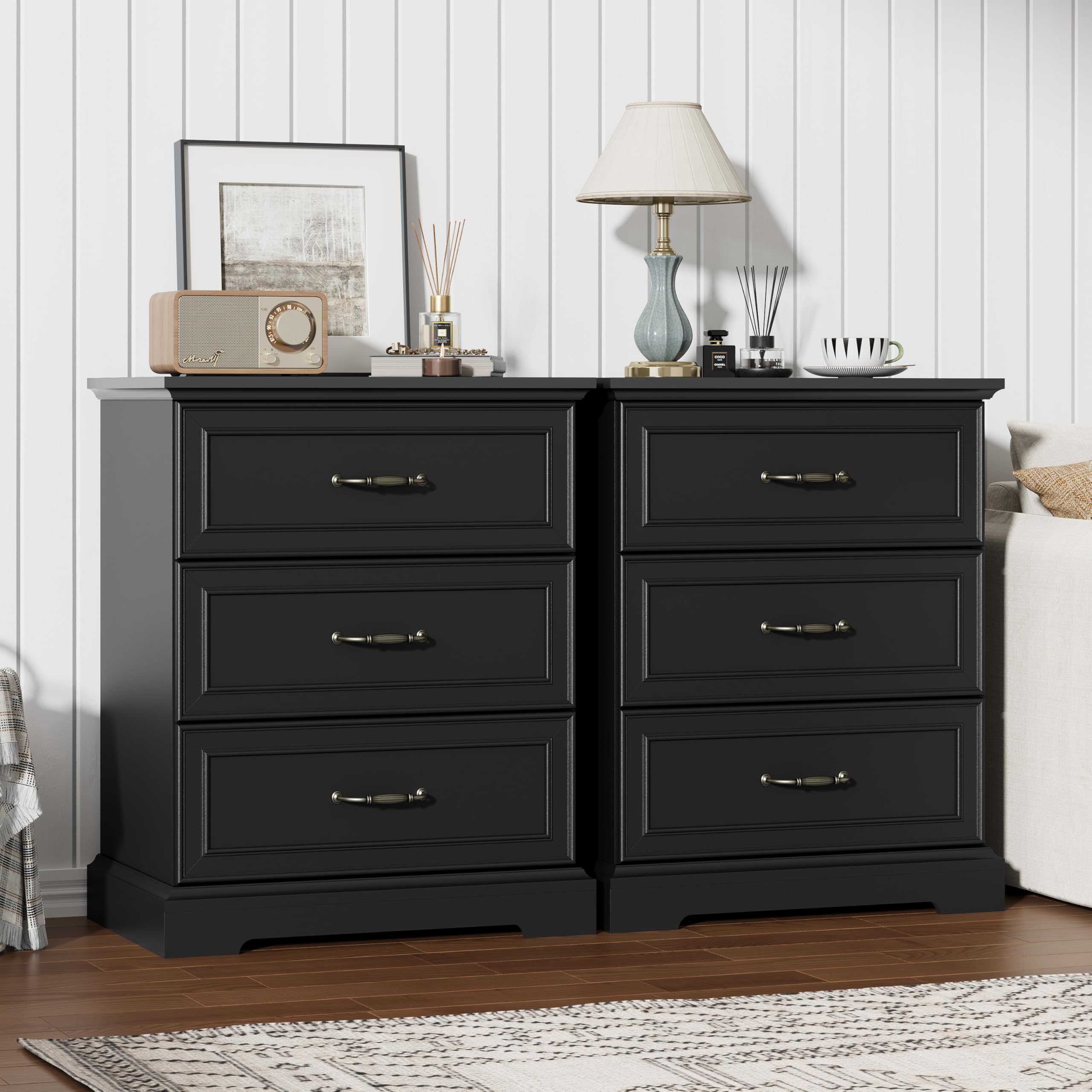 Black Nightstand Set of 2 with 3 Large Drawers in Black