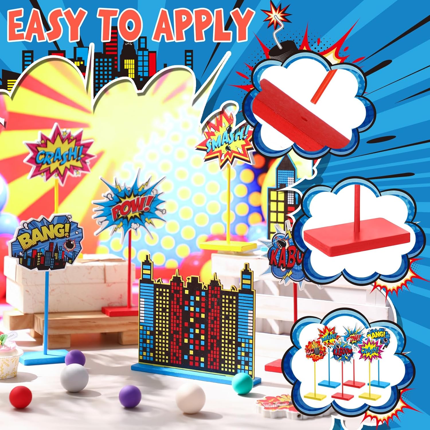 Geelin 8 Pcs Hero Theme Party Decorations Hero Wooden Tabletop Signs Freestanding Wooden Table Signs Table Topper Decors for Birthday Party Baby Shower Decor Supplies