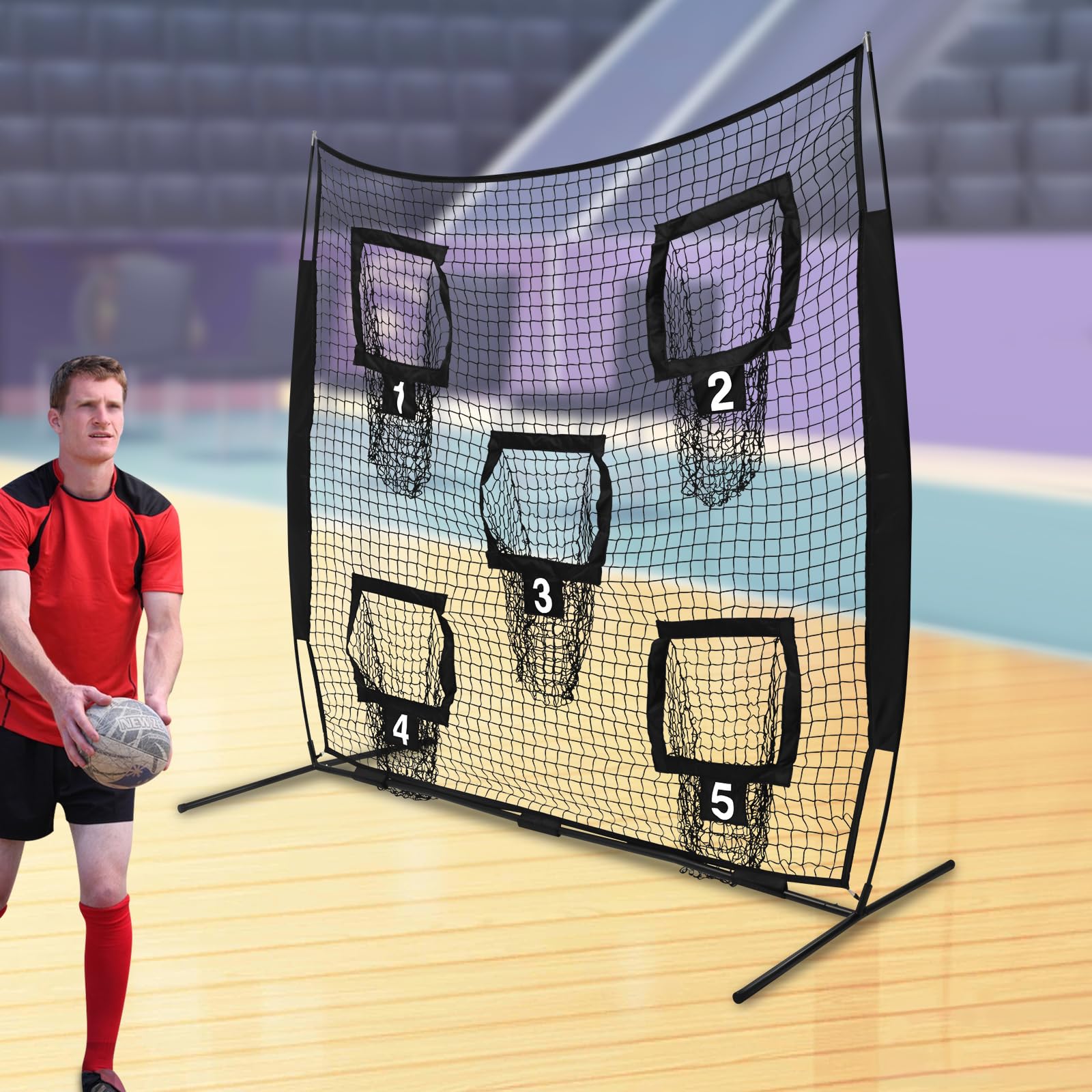 Rugby siatka do rzucania z 5 kieszeniami na cele – 2,13 x 2,13 m piłka nożna treningowa siatka do rzucania - kwadratowa siatka do ćwiczeń rugby