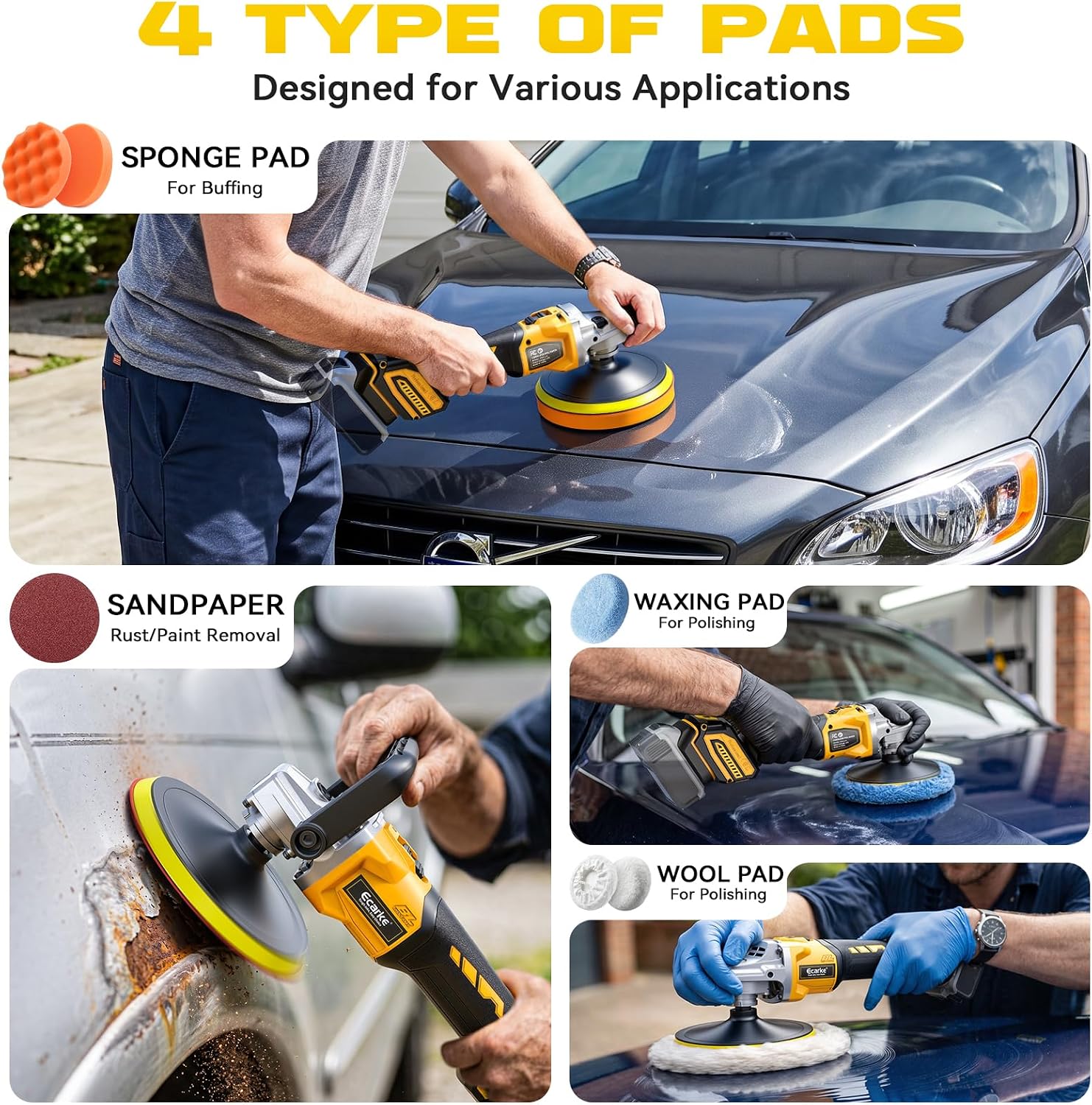 Ecarke Cordless Car Buffer Polisher Kit Compatible with Dewalt 20V Battery(Tool Only), 7-Inch Brushless Rotary Polisher, 7 Variable Speed 6000RPM for Car Polishing/Waxing, 16PCS Polishing Accessories