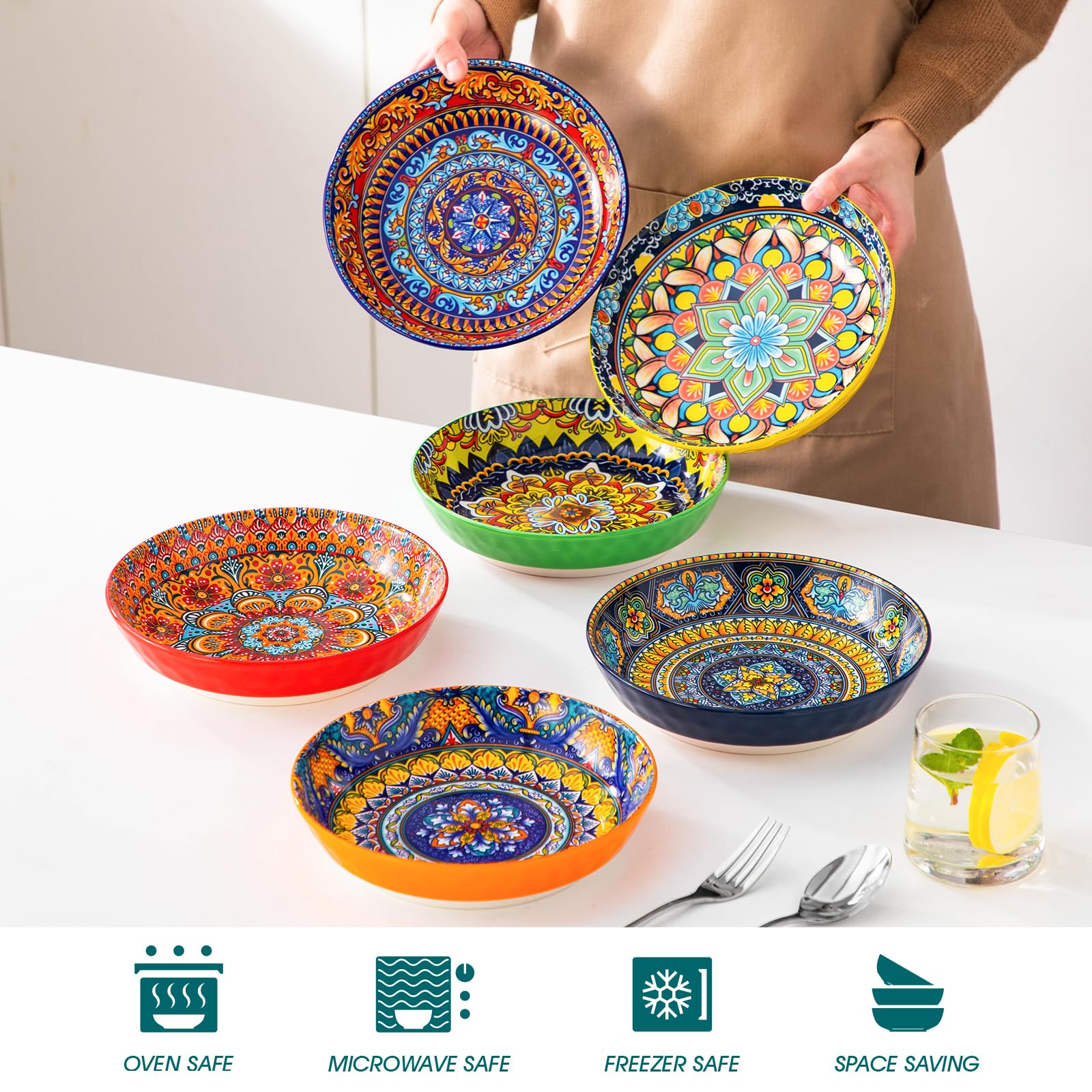 vancasso Suppenteller 6er Set, Pastateller KRVI Tiefe Teller Set, Pasta Teller Tief Groß, Buntes Tiefteller Set Ø 21cm, 960ml Suppenschüssel für Suppe, Müsli, Pasta, Salat, Spülmaschine Mikrowellen