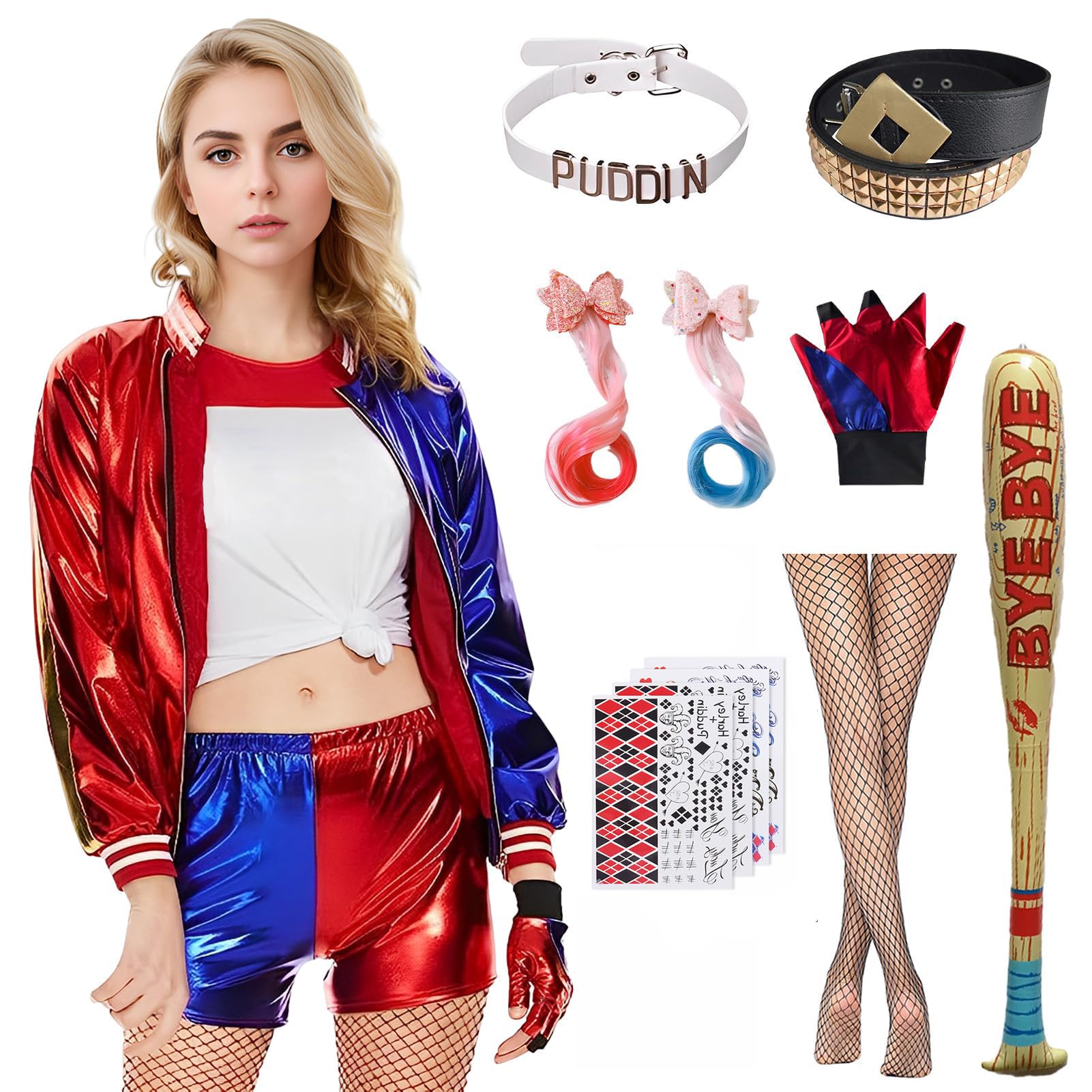 Ficlwigkis Halloween Costume Women Girls Kids,Fancy Dress with Jacket T-Shirt Shorts Gloves Necklace Belt Wig Tattoo (Adult-02, S)