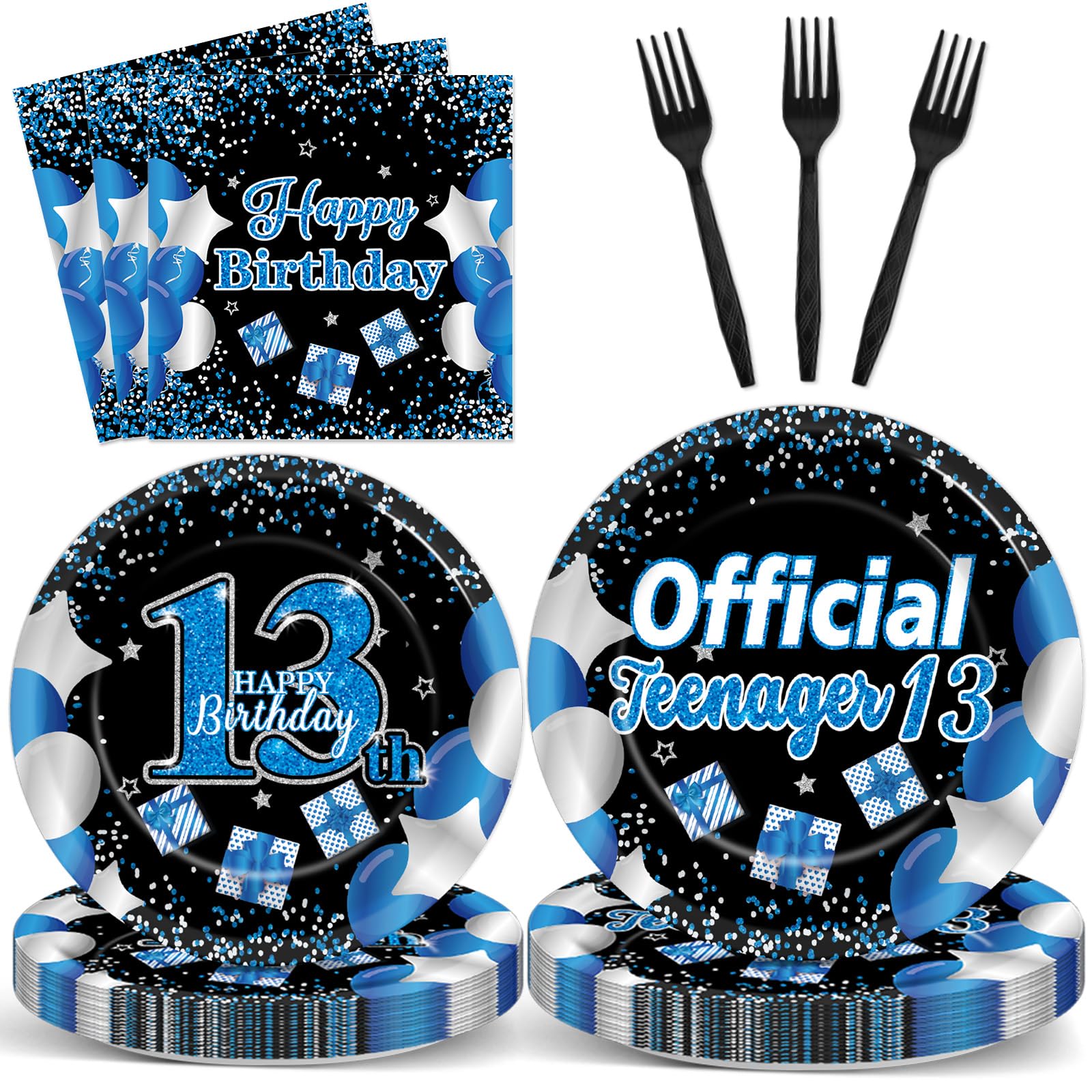 Qyeahkj 100 Pcs 13th Birthday Decorations for Boys Official Teen Supplies Plate Napkin Forks Set Disposable Blue 13th Birthday Tableware Paper Plates Dinnerware for Kids Teenager Favors Serve 25