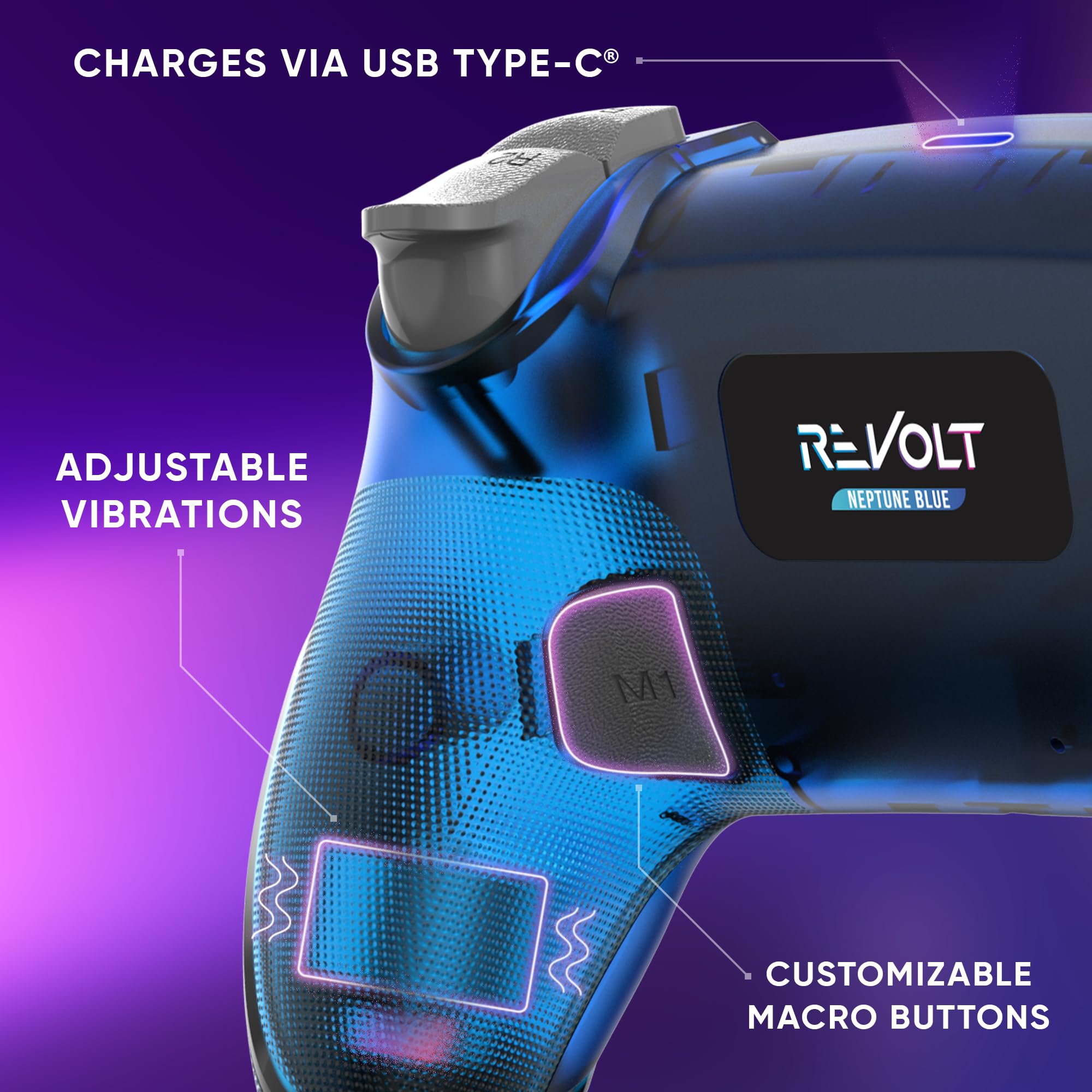 Oniverse Controller Wireless per PS4 PS3 PC ANDROID iOS, Uscita Cuffie, Joystick Hall Effect, Batteria Ricaricabile 1000mAh, Giroscopio 6 Assi, Revolt Neptune Blue