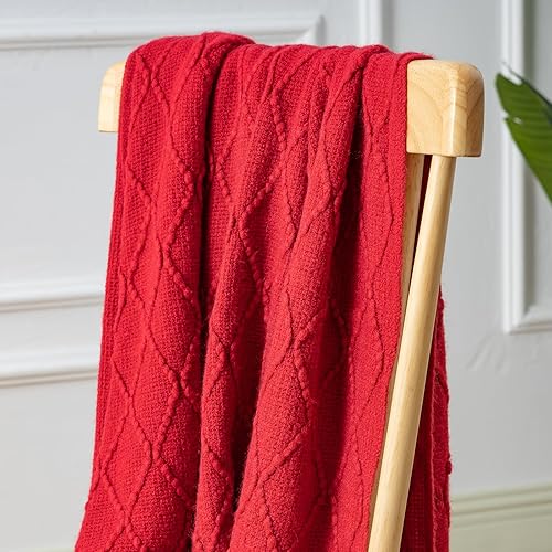 Miniatura 7 de Manta de punto rojo para sofá, suave, ligera, decorativa, de acrílico, bohemio, manta tejida cálida con borla para viajes, sofá, dormitorio (50 x 60