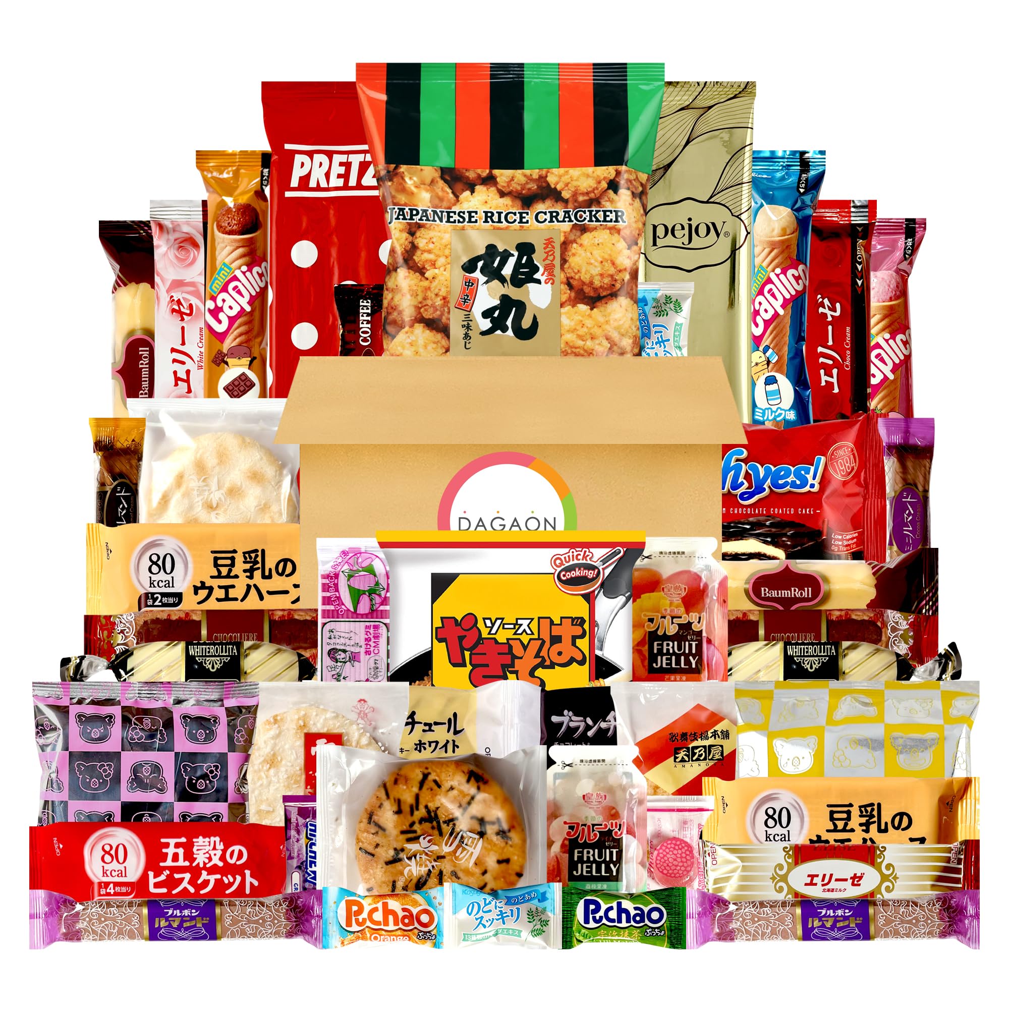 Dagaon Japanese Snack Box 42 Count - Variety of Dagashi Box - Biscuits, Cookies, Pies, Crackers, Candies, Ramen and More from Japan. Perfect appetizing snacks for any occasions, gifts and everyone.