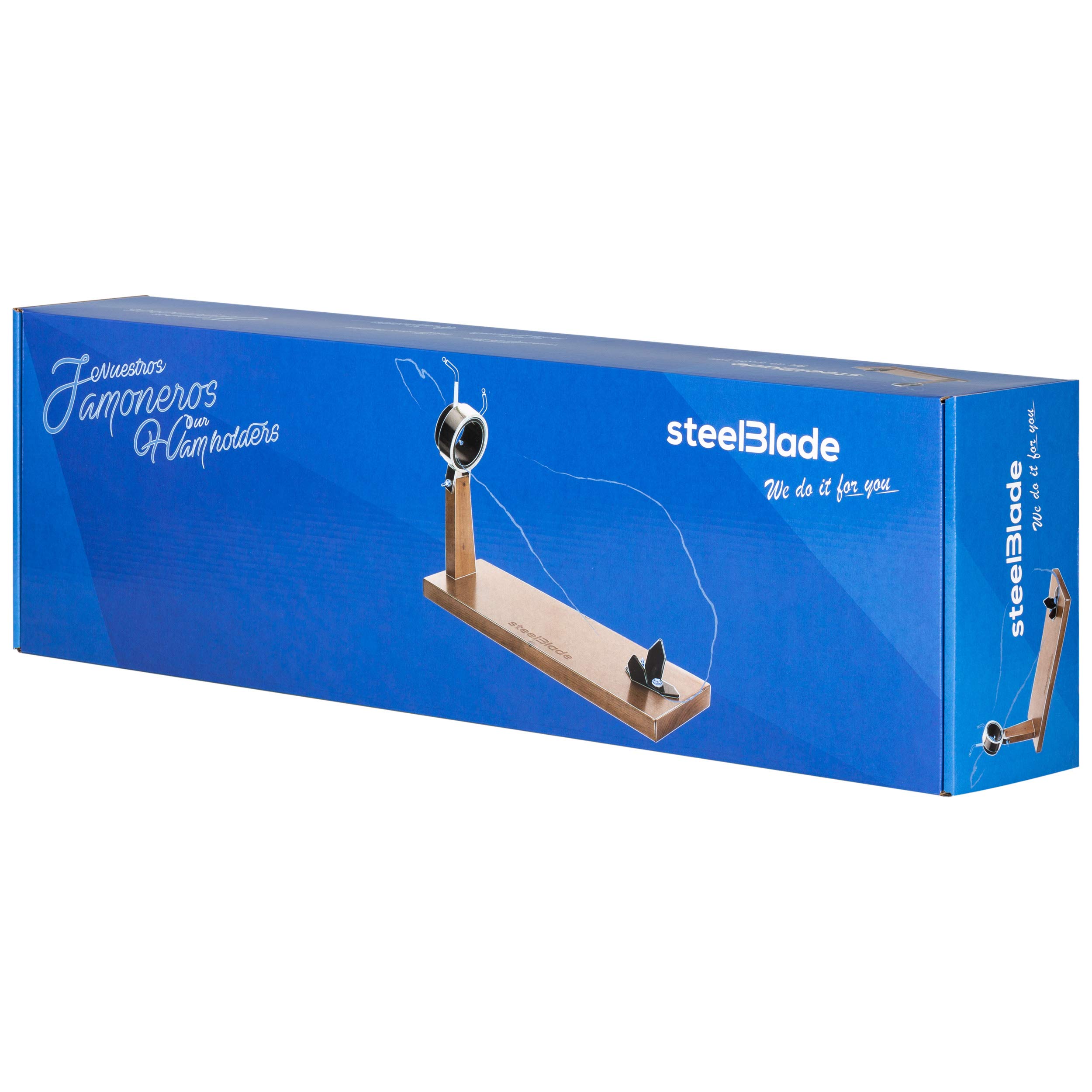Jamonero Giratorio 360º en Madera Lacada + Cuchillo Jamonero 28 cm + 2 Platos de Pizarra Natural - Soporte Jamonero Fabricado en España - Jamonera 2 Posiciones para Jamones y Paletas