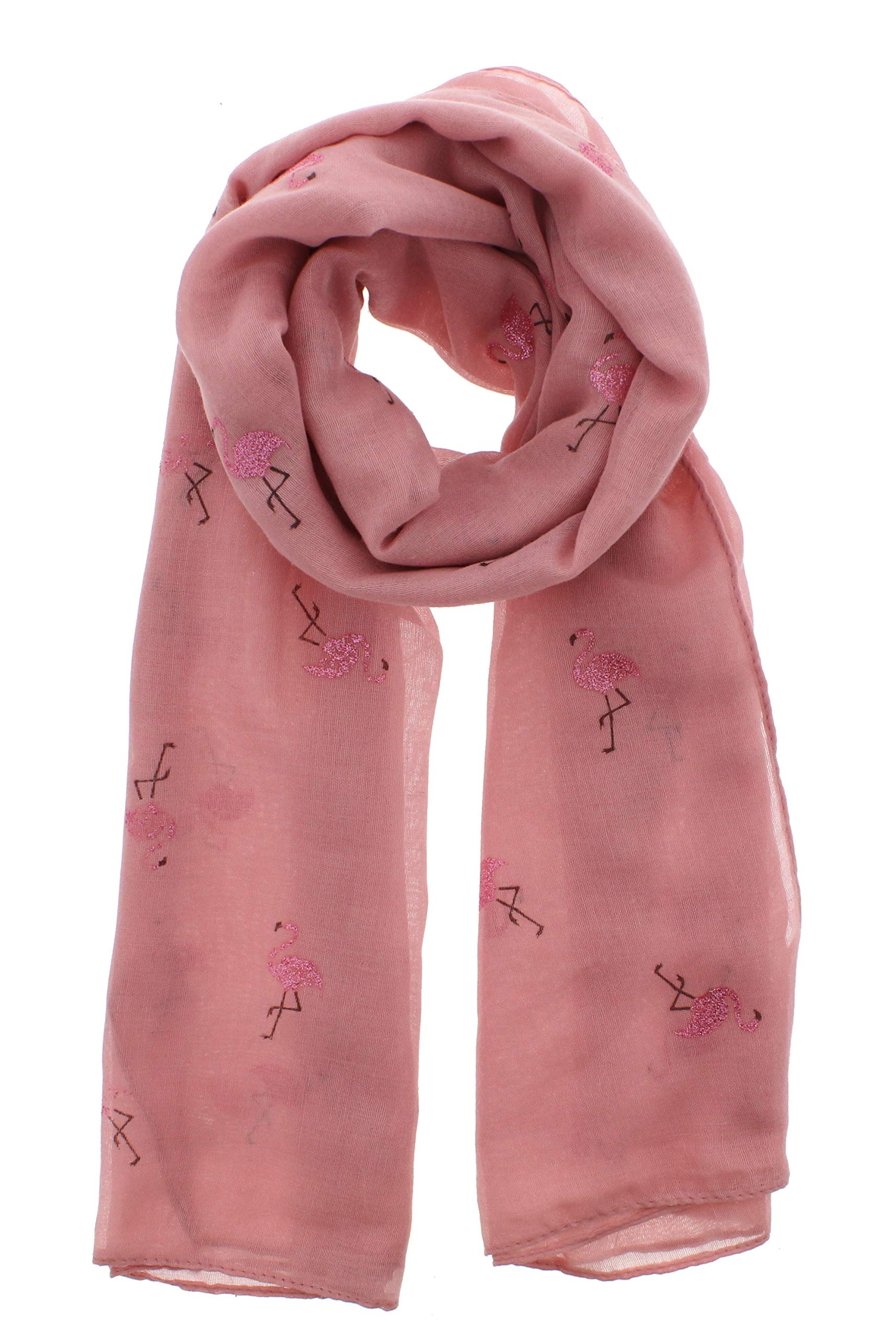 Zac's Alter Ego Women's Baby Pink Long Lightweight Scarf With Pink Glitter Flamingoes