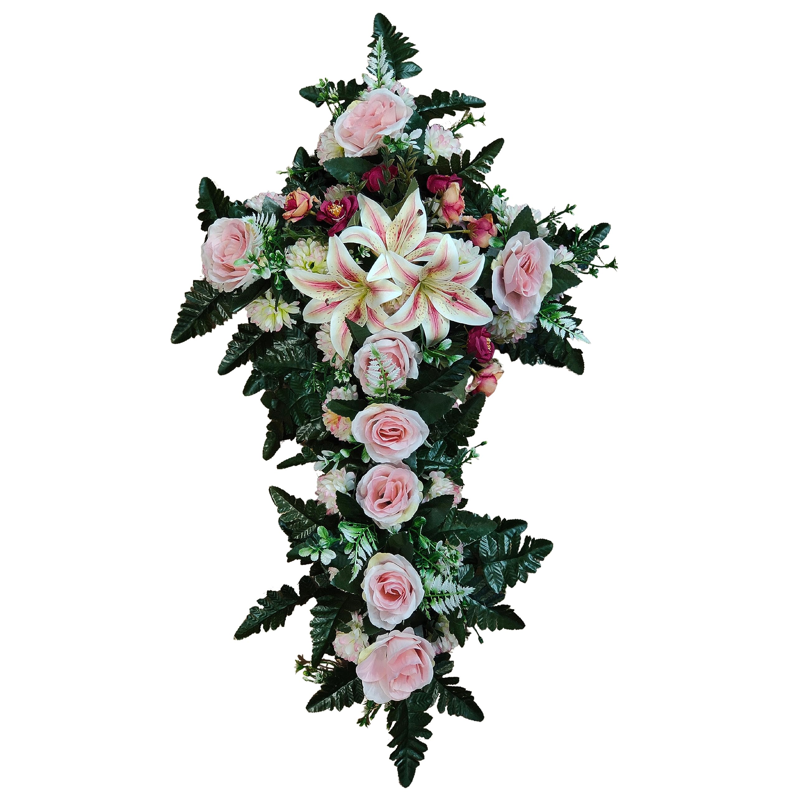 DRW Croix de Fleurs artificielles Roses avec Roses pour cimetière, Saints, églises, anviersaires 95 x 52 x 15 cm