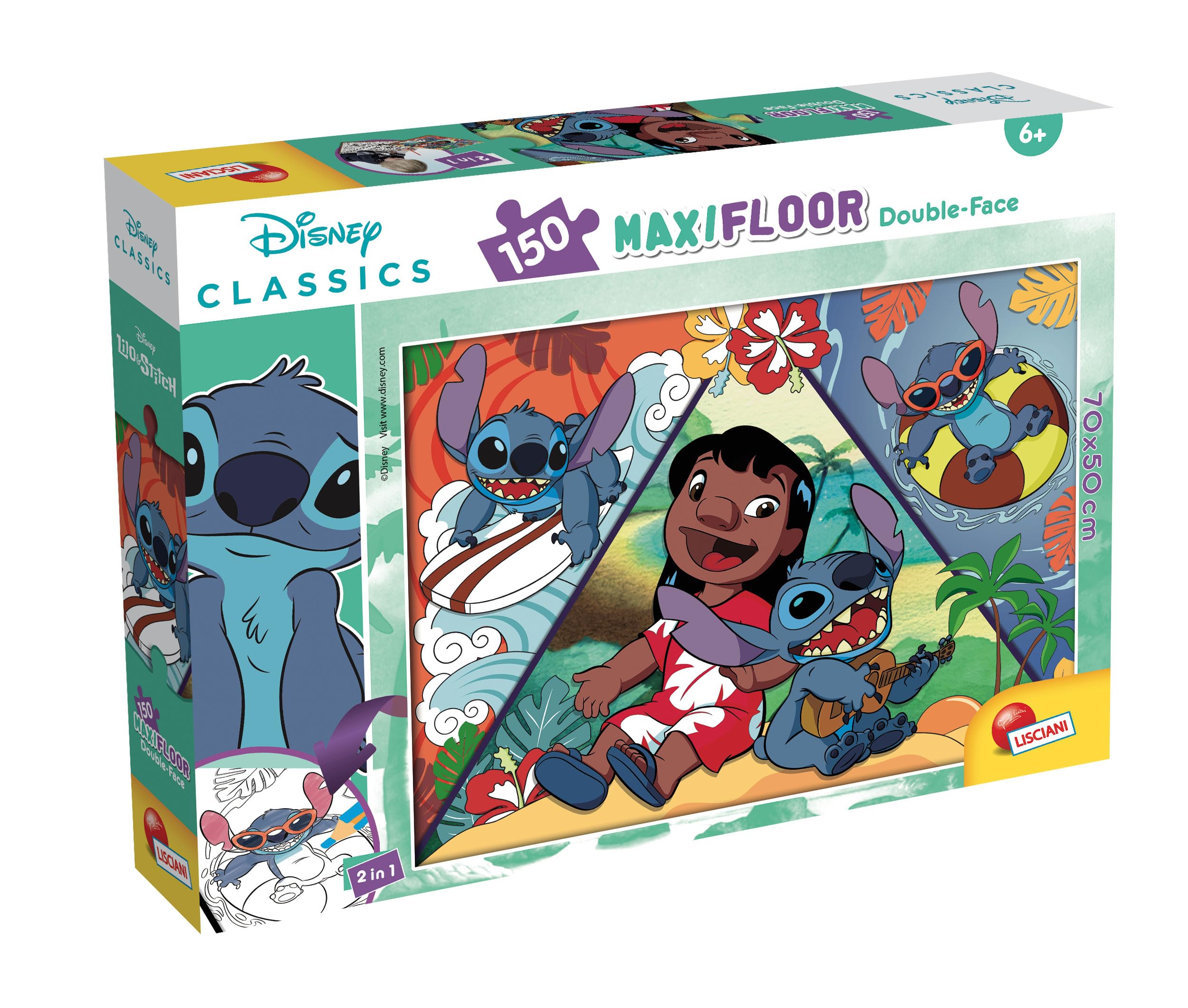 Lisciani - DISNEY LILO & STITCH MaxiFloor Jigsaw Puzzle - 150 Pieces - For Children 6 years and older - 50x70 cm - Large Puzzle Tropical Exploration with Lilo and Stitch - Develops Thinking Ability — image 1