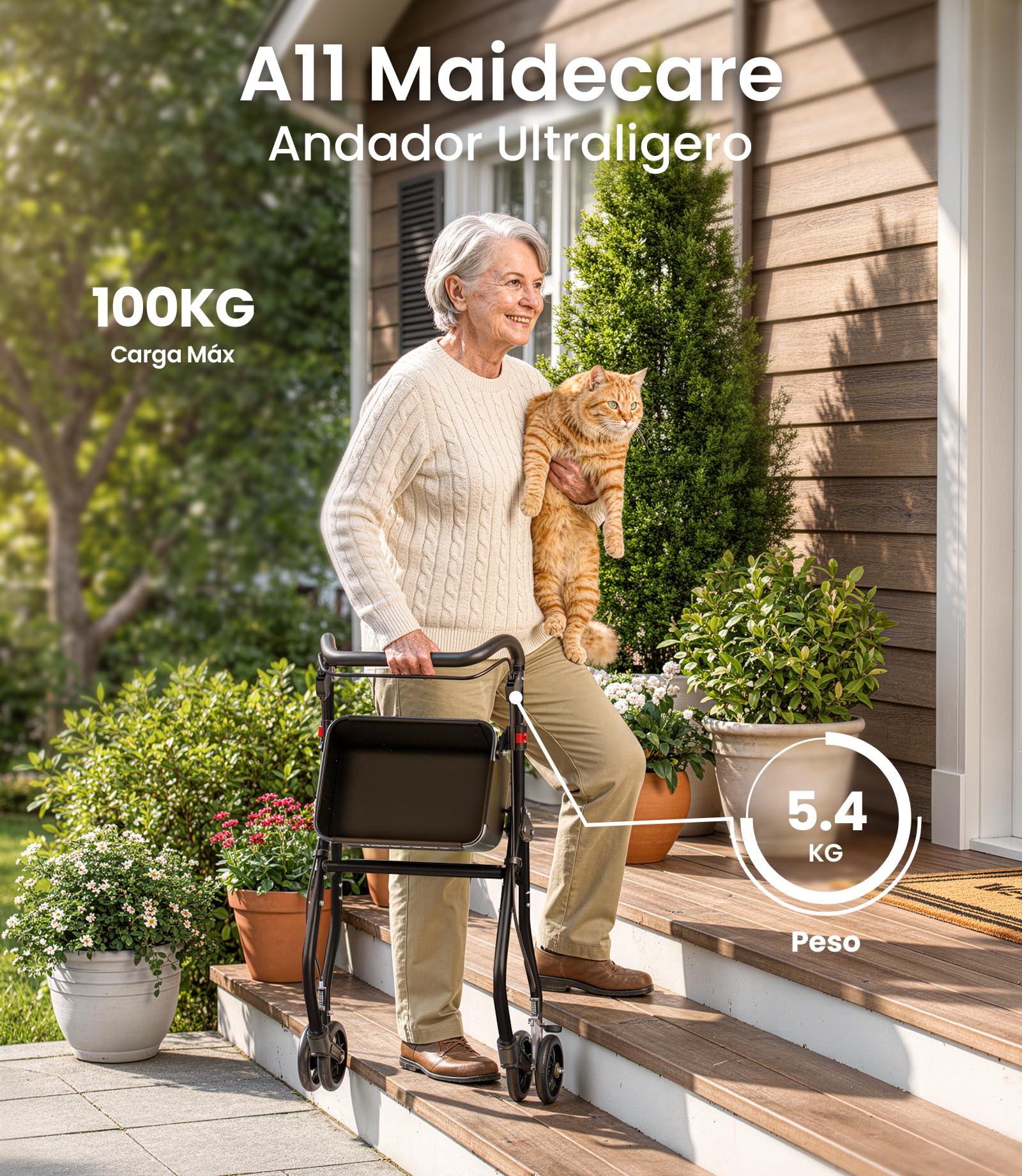 Andador para Ancianos, Andador Plegable con Asiento para Personas Mayores, Estrecho para Apartamento, Modelo de Interior Plegable y Ligero con Bandeja y Bolsa de Tela, 4 ruedas, Aluminio, Negro