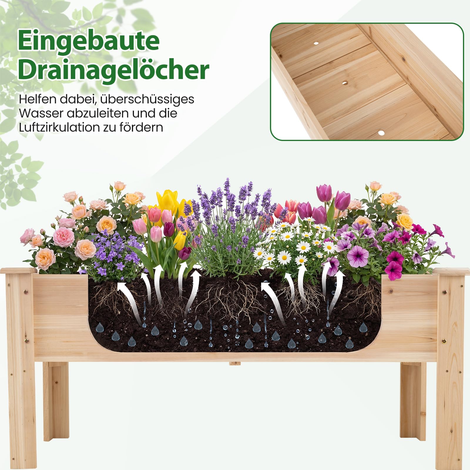 COSTWAY Hochbeet aus Holz, Pflanzbeet für Kinder, 119x45x51cm, Pflanztrog bis 100 kg, Blumenkübel mit Ablauflöchern & L-Beinen, Kräuterbeet rechteckig, Anzuchtbeet Garten Terrasse Balkon, Natur