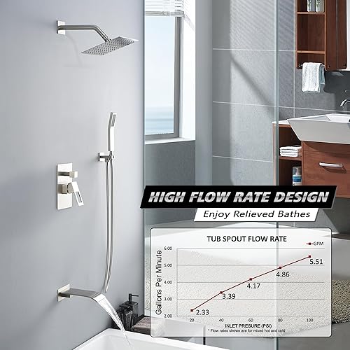 Miniatura 3 de SUMERAIN Sistema de ducha equilibrado de presión de níquel cepillado con boquilla de bañera de cascada, grifo de ducha de bañera