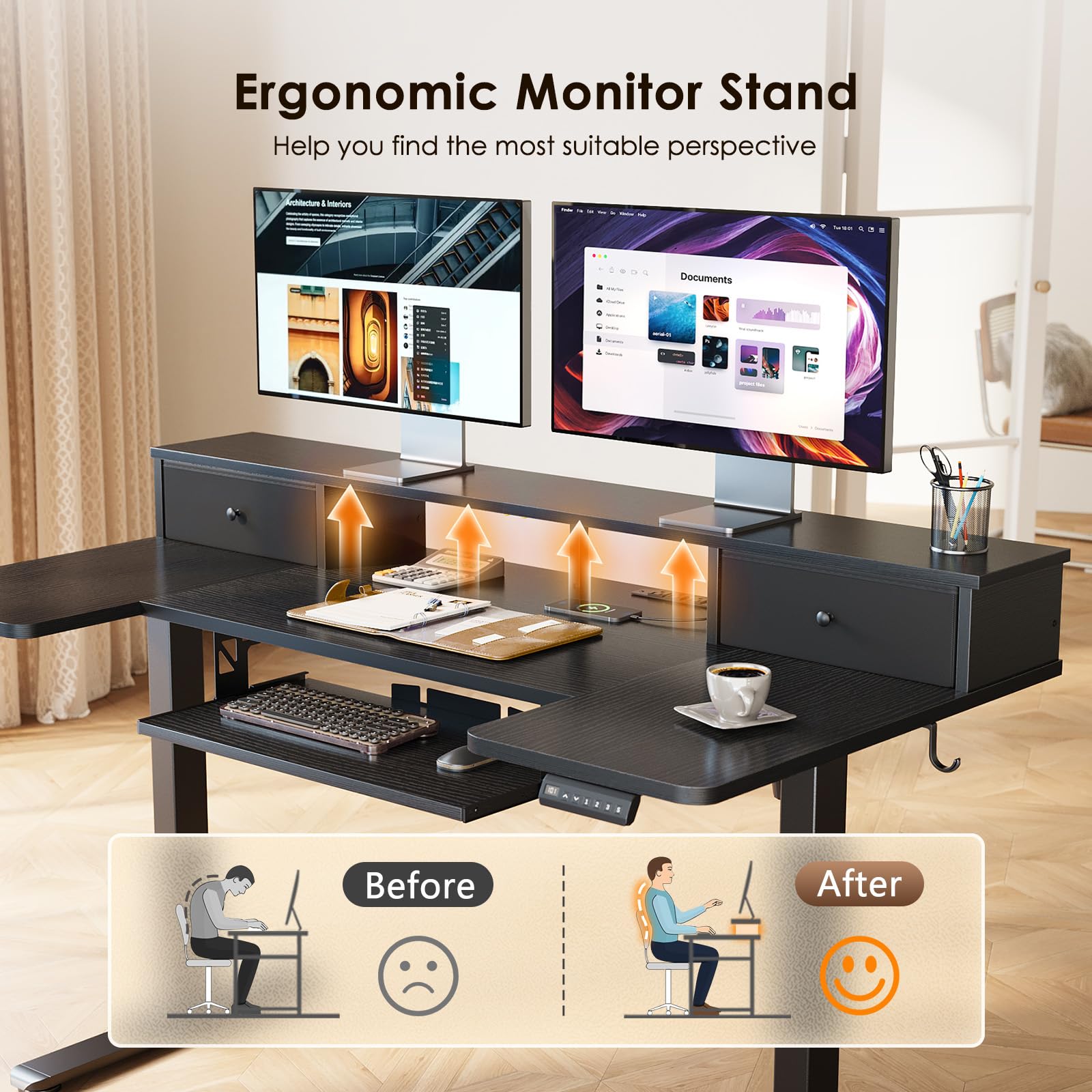 OffiGo U Shaped Electric Standing Desk with Drawers 55 Inch Height Adjustable Desk with Keyboard Tray Ergonomic Monitor — view 7