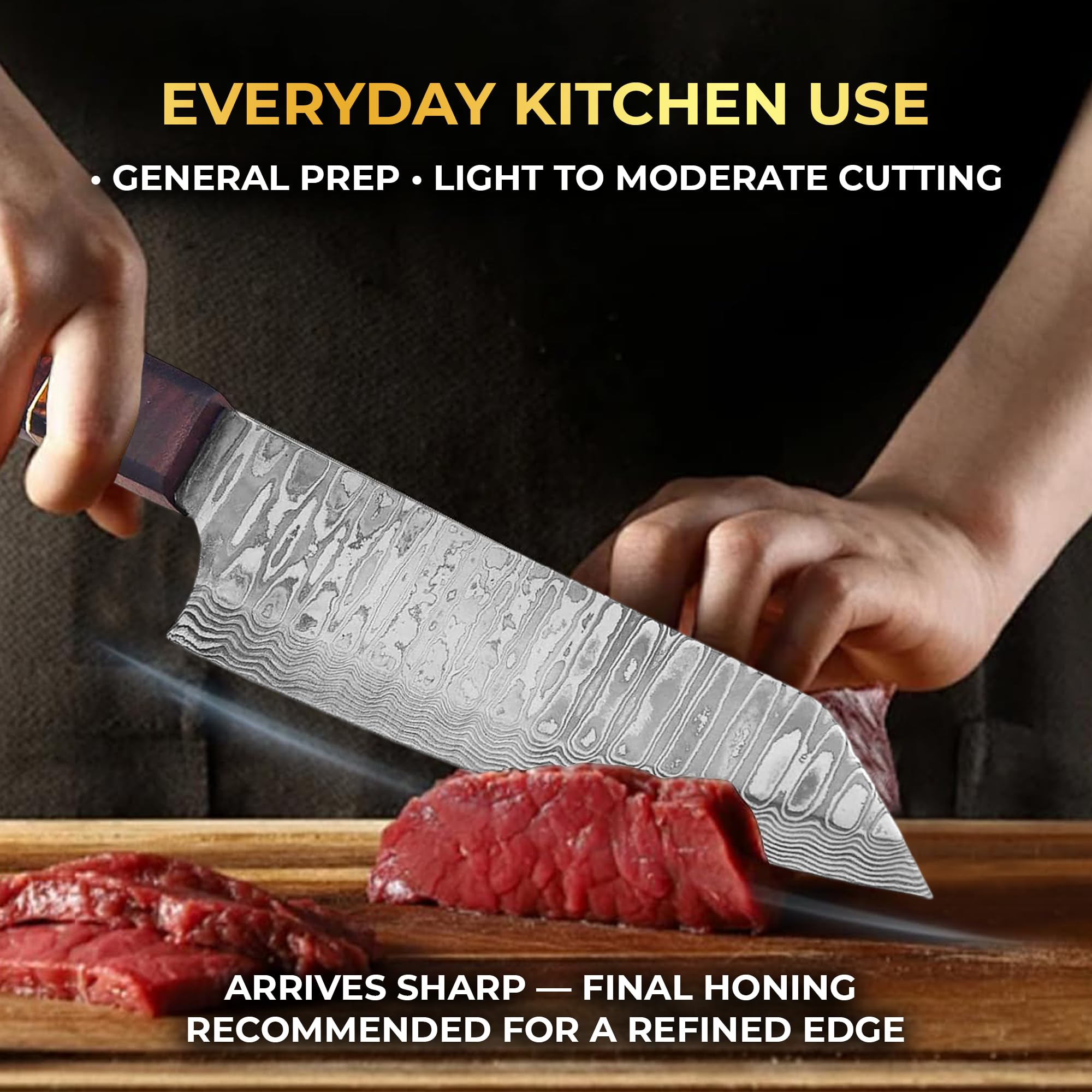 Damascus Chef Knife 7 Inch Blade Lightweight 7 oz Kitchen Utility Knife Layered High Carbon Damascus Steel Cooking Prep Knife with Leather Sheath Hand Forged Style Gift Requires Care — Amazon image 2