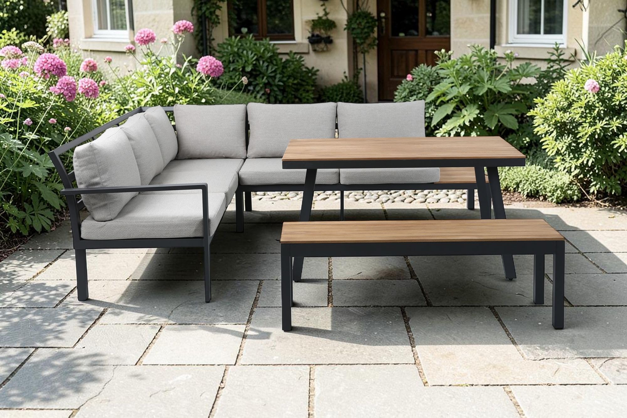 ALEOS. Gartenlounge wetterfest bis 7 Personen Lounge Aluminium Teakholz mit Bank OUTDOOR Polster Kissen Olefin BRASILIA Loungeecke Loungegarnitur Sitzgruppe Sofagarnitur Esstischlounge anthrazit beige