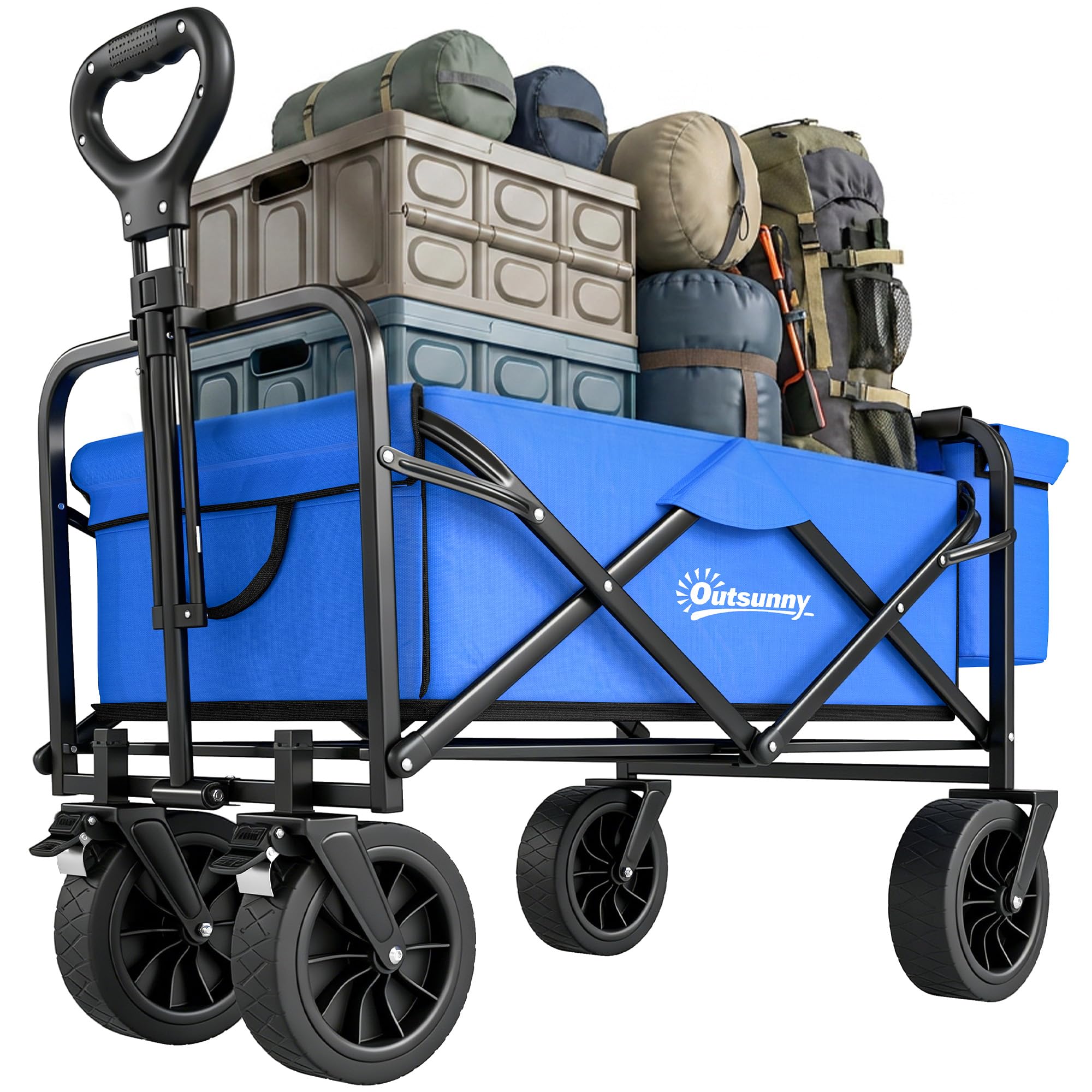 Outsunny Carro Plegable con Ruedas Grandes con Bolsa Térmica Desmontable Carro para Playa con Longitud y Ángulo del Mango Ajustables y Bolsa Transporte Carga 100 kg para Compra Jardín Exterior Azul
