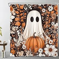 Vista 21 de HVEST Cortina de ducha de Halloween, linterna de calabaza y gnomo, cortina de ducha de baño, cortina de ducha de murciélago y araña, decorativa