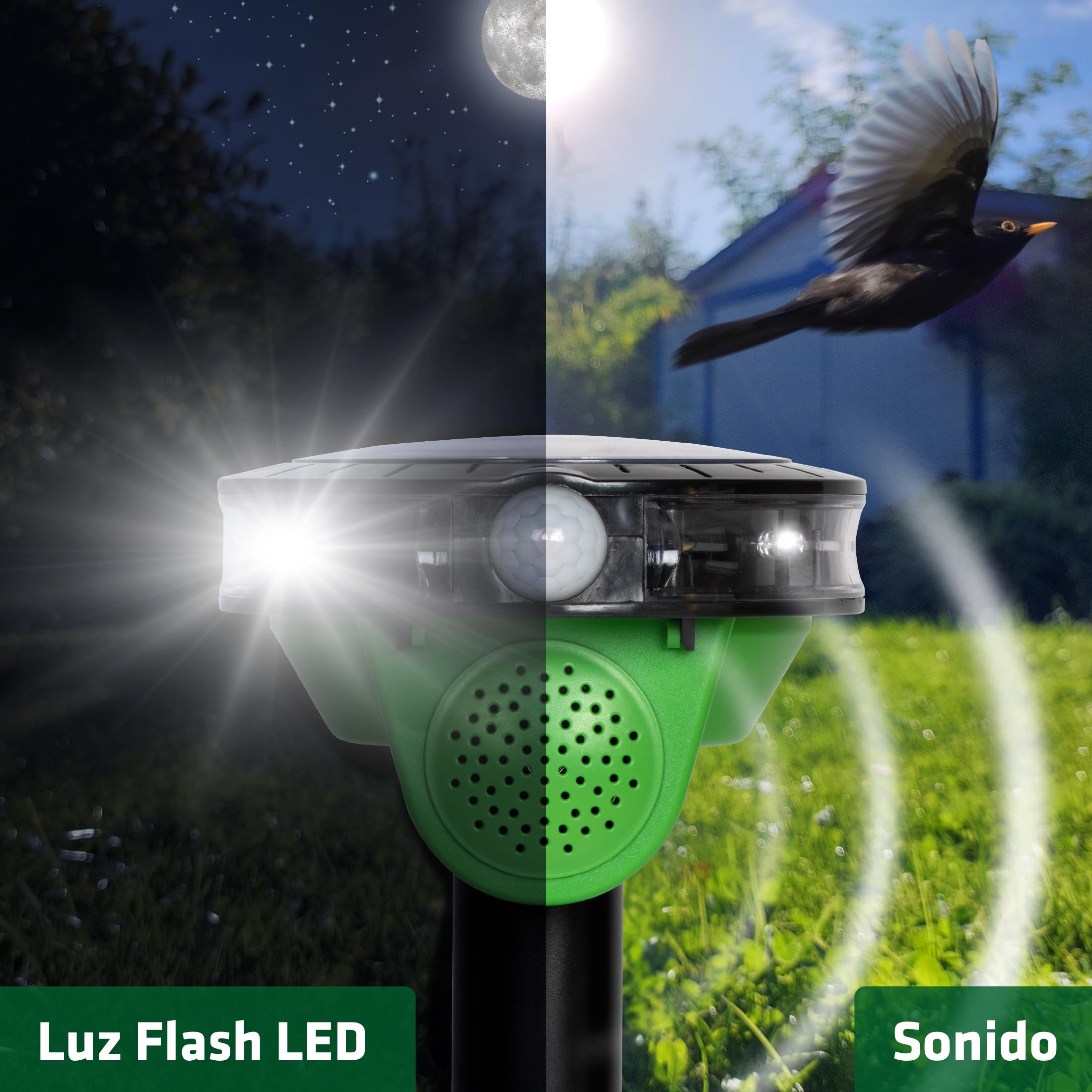 Gardigo® Espantapajaros Exterior | Ahuyentador de Palomas con 3 Sonidos | Flash LED 60m² | Espanta Palomas | con Panel Solar | Antipalomas | Auyentador de Pajaros