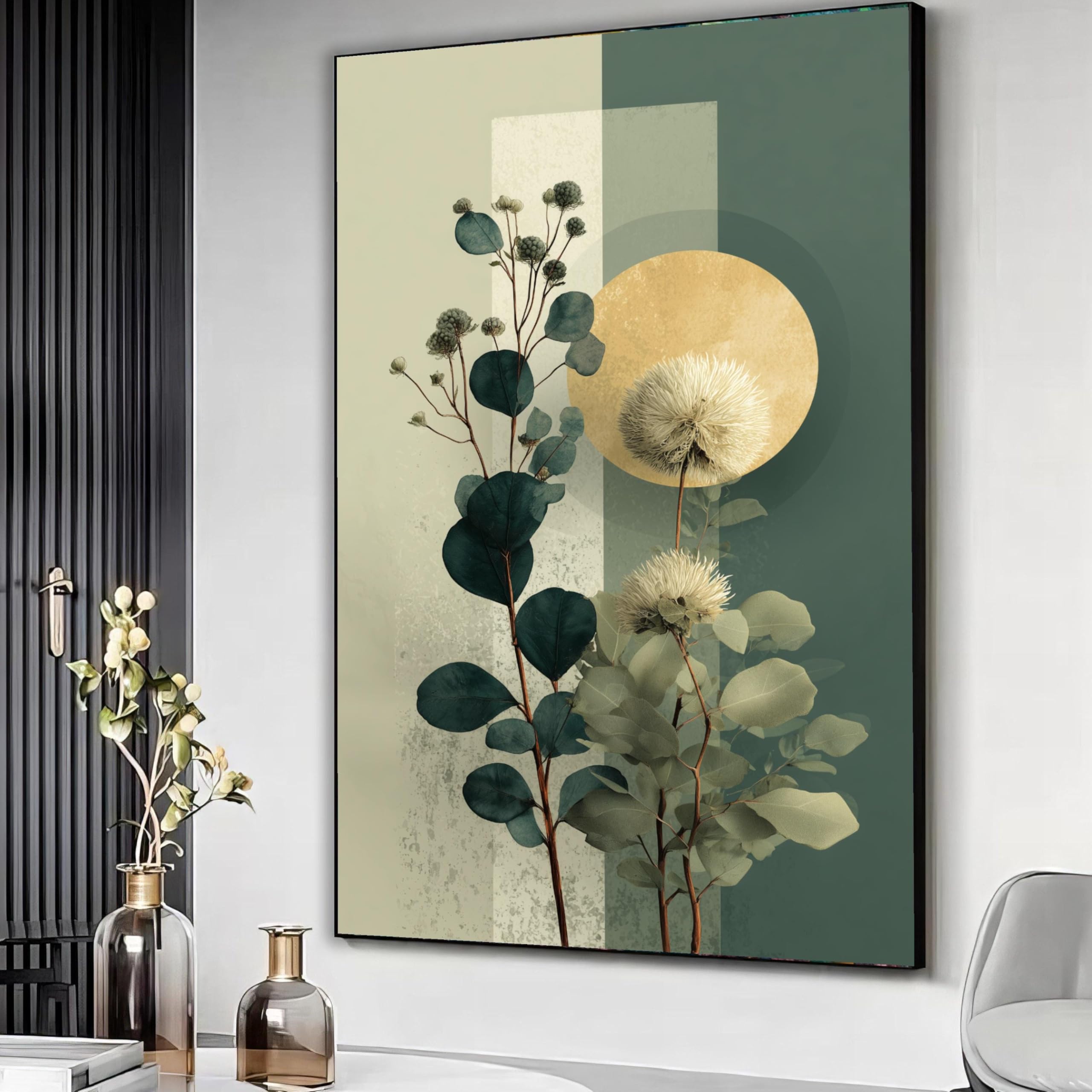 YUSUZHU Botanical Canvas Wall Art, Floral Design, Geometric Print,Eucalyptus Leaves and Dandelions, Neutral Earth Tones Painting(30x40cm/Frameless)