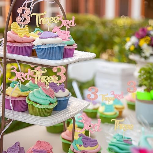 Miniatura 4 de Paquete de 24 adornos para cupcakes de tercer cumpleaños con purpurina para tercer cumpleaños para baby shower, 3er cumpleaños, aniversario, fiesta,
