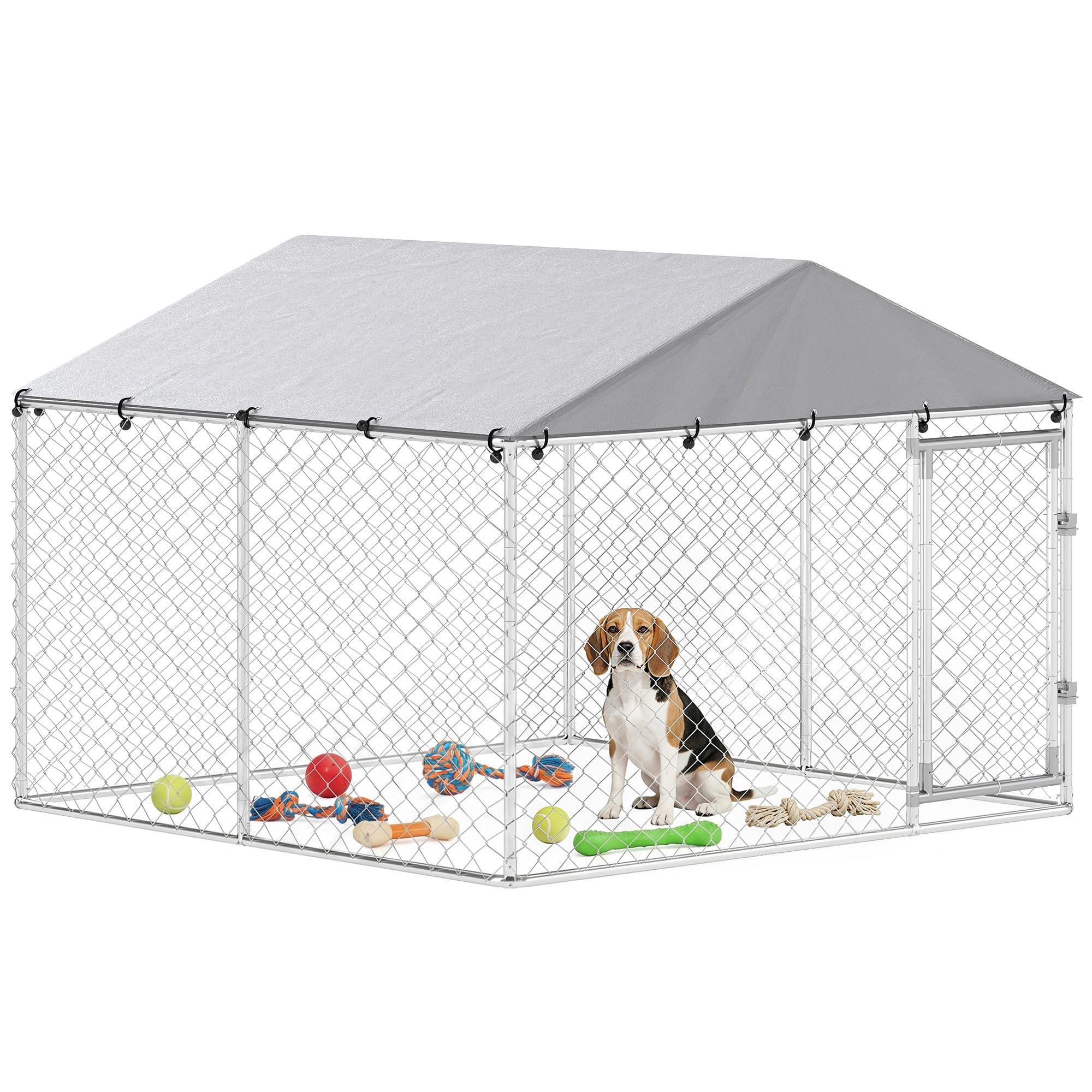 PawHut Kennel Gabbia per Cani da Esterno Grande, Box Recinto per Cani con Tetto Anti-UV Impermeabile Rimovibile, Porta Reversibile, Doppia Chiusura Antifuga, in Acciaio Zincato, 230x230x170cm, Argento
