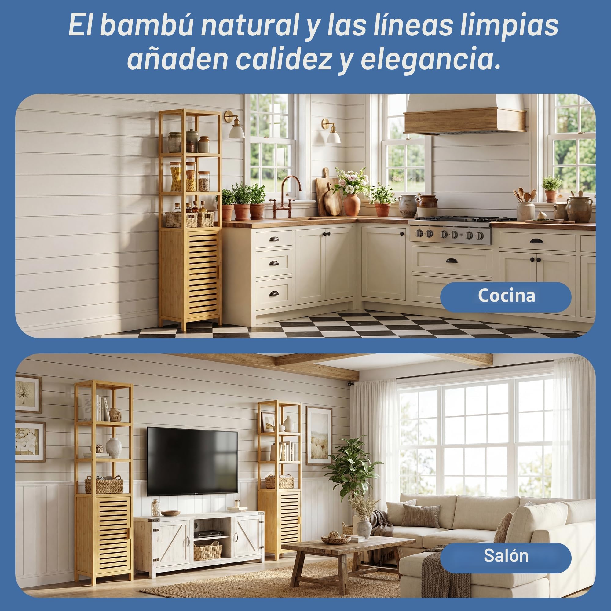 HITNET Mueble Columna Baño Estrecho, Armario Alto Baño Bambu, Gabinete de Almacenamiento con Estantes Ajustables y Compartimentos Abiertos, para Espacios Pequeños, Natural