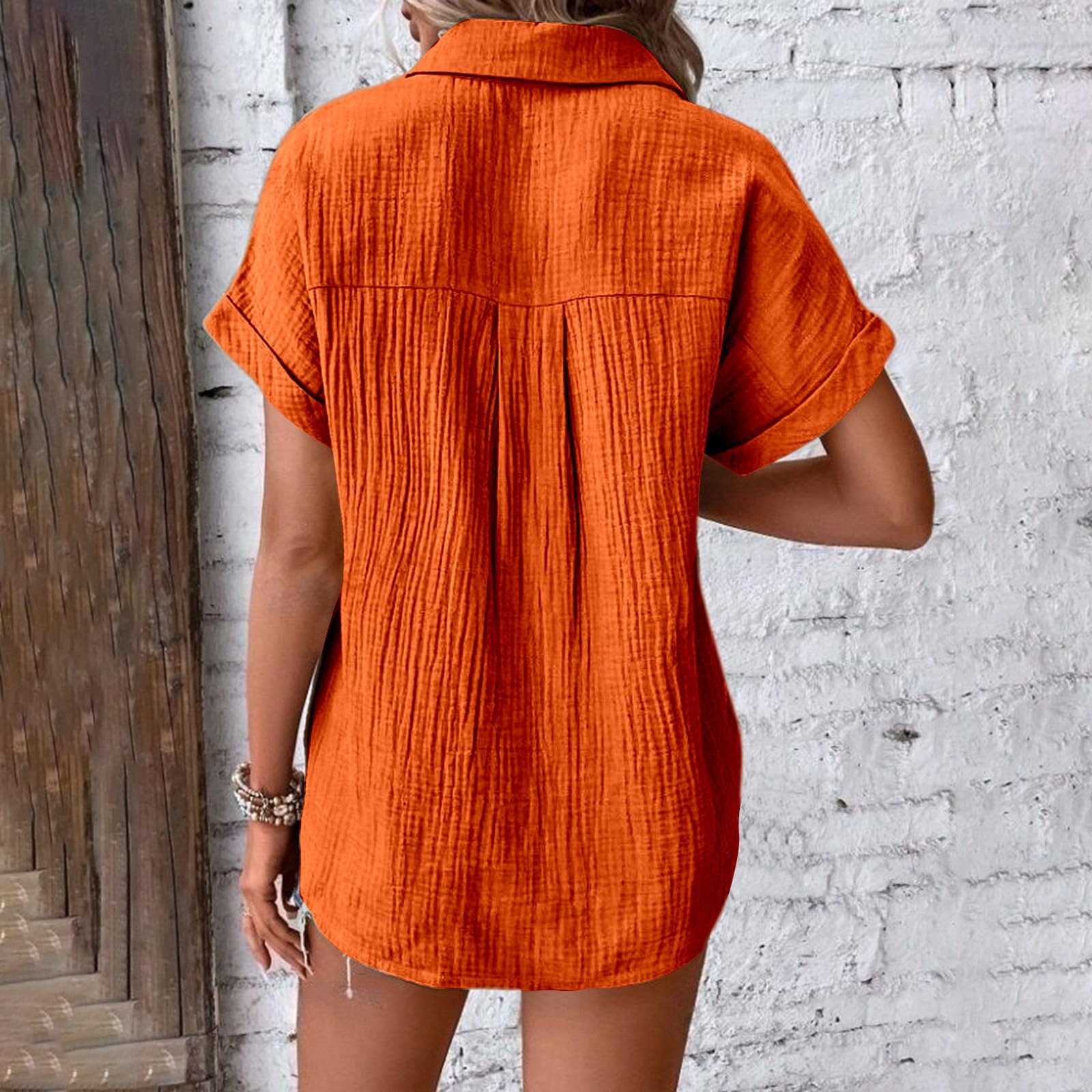 Camisas de lino con cuello y botones para mujer, estilo casual, de verano, a la moda, de gasa, de manga corta, color sólido, de lino, algodón, de gran tamaño, ajuste holgado, ropa de manga dolman