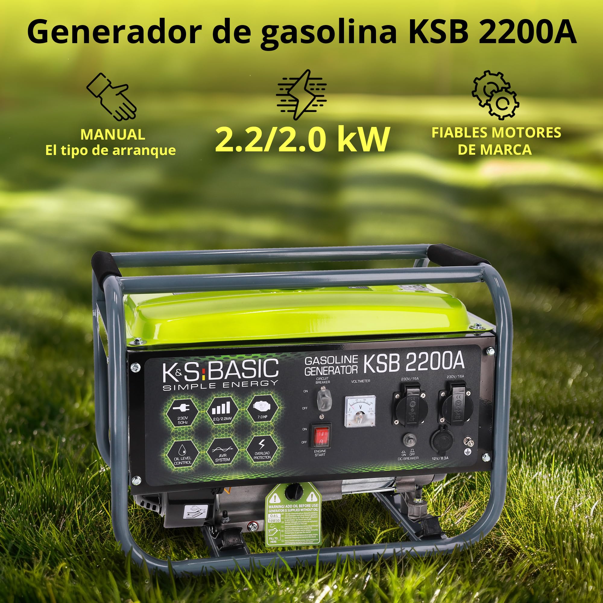 Generador de gasolina KSB 2200A con la potencia de 2200 W, arranque manual, regulador automático de voltaje (AVR), voltímetro, 2 x Schuko 230 V, salida 12V, alternador con bobinado de aluminio