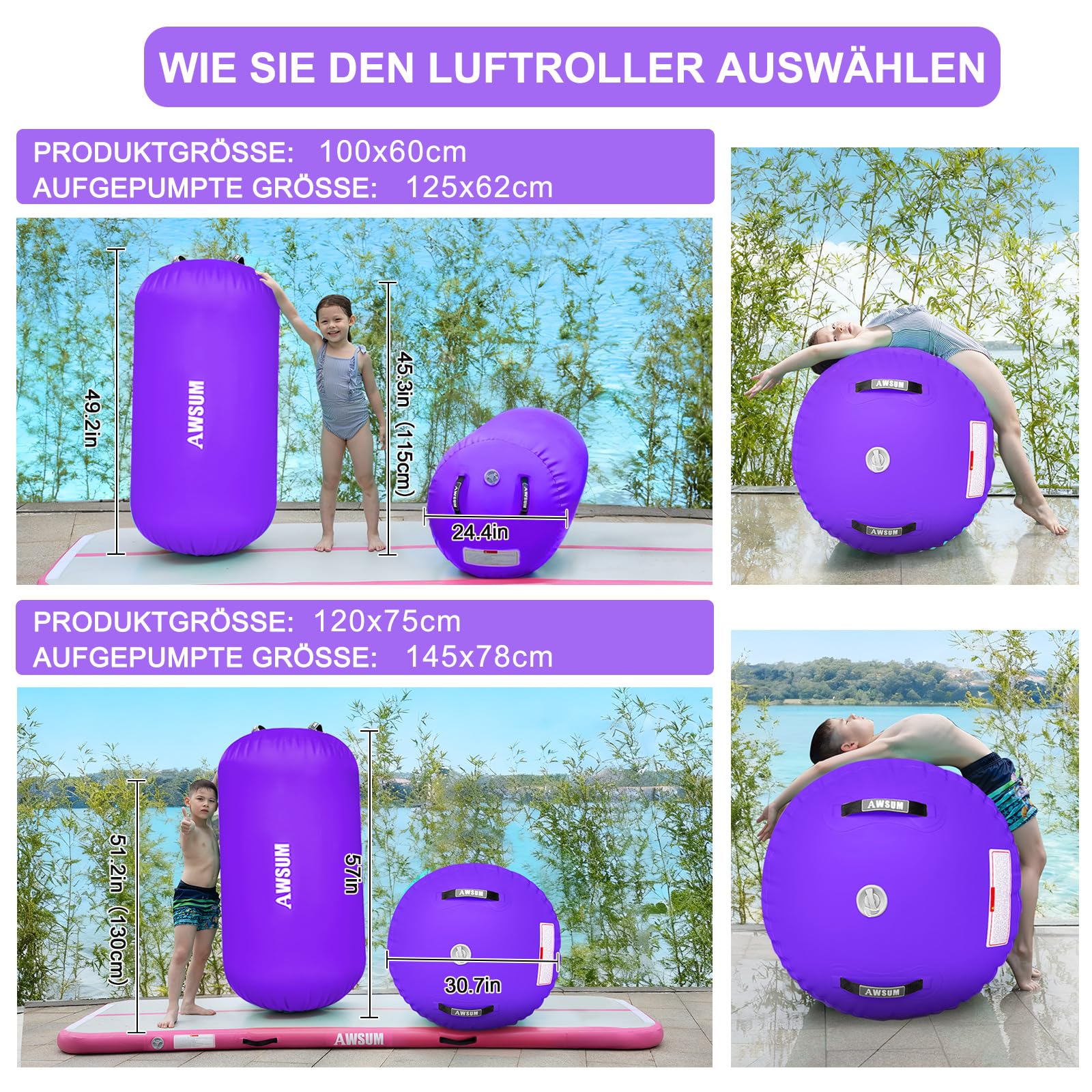 AWSUM Aufblasbare Air Rolle, Turnen Air Matte Rolle Air Barrel mit elektrischer Luftpumpe für Gymnastikmatte Backflip Yoga Air Tumbling Track Balance Trainer Trainingshilfe